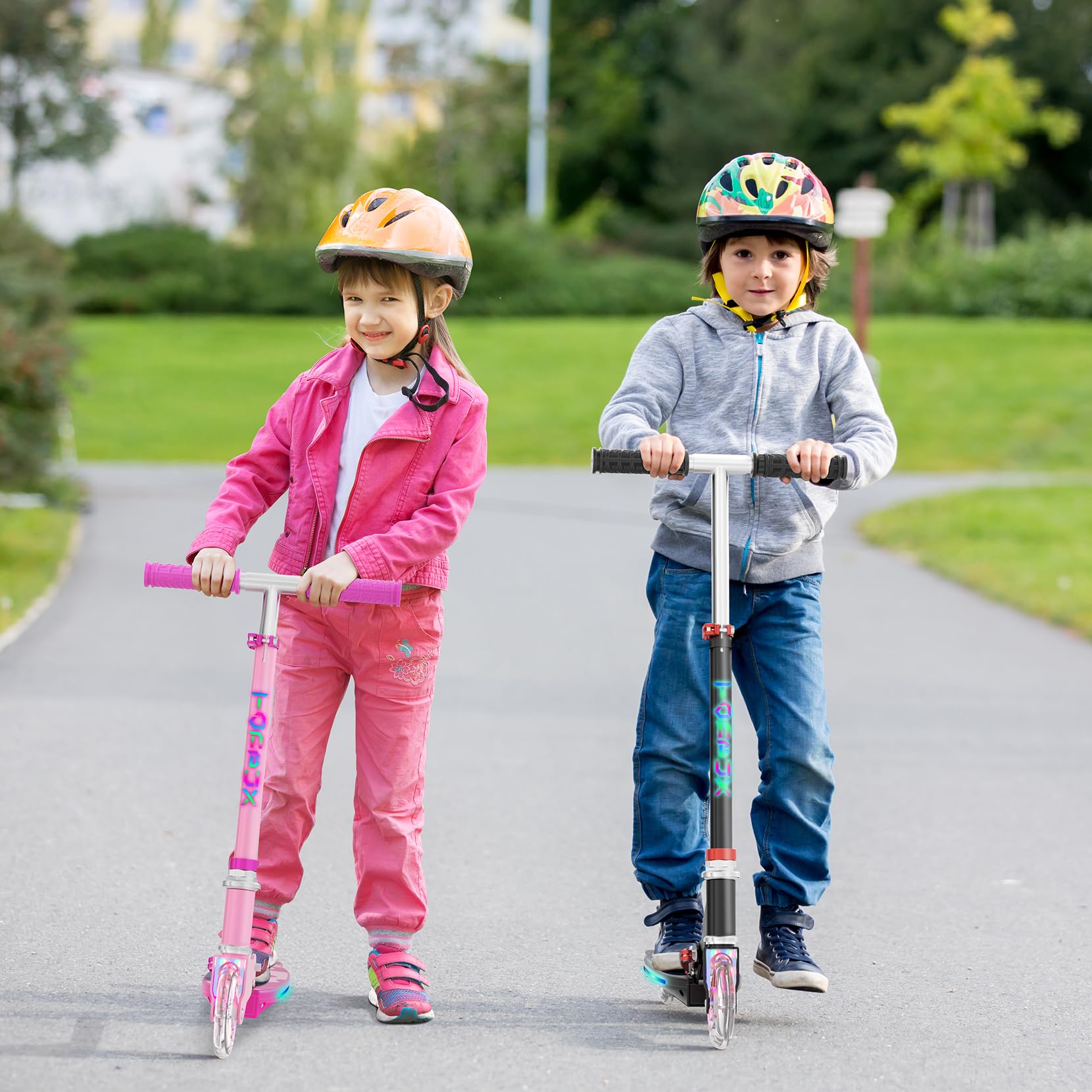 TONBUX 2 Wheel Kick Scooter for Kids Ages 5-12 - Adjustable Height (3 Levels), LED Light-Up Wheels & Deck, Foldable & Lightweight Design - Perfect for Commuting to School, Park Rides & Neighborhood Fun
