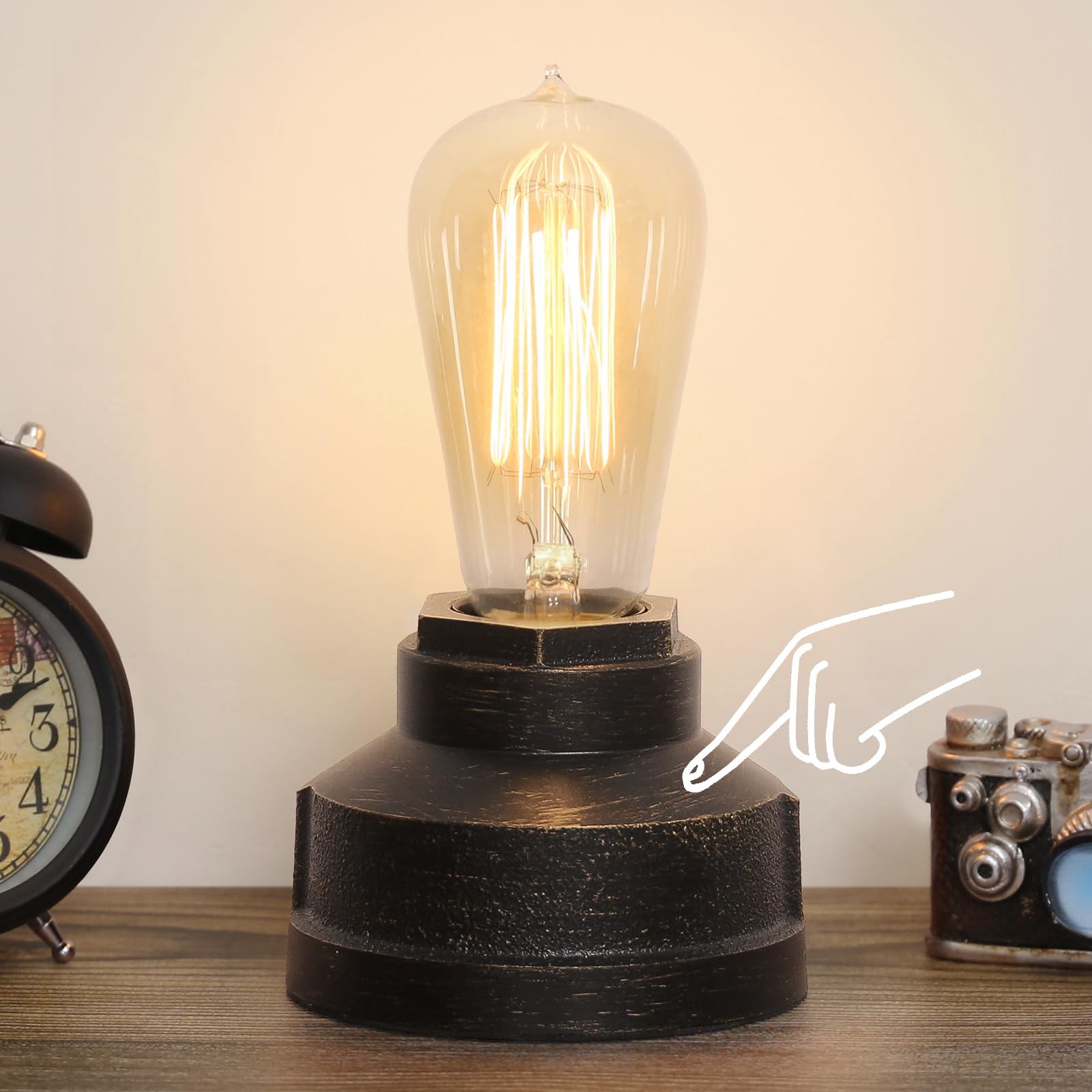 Boncoo Small Touch Control Table Lamp - Vintage Industrial Edison Bulb Base with Dimmable Light, Steampunk Style Nightstand & Bedside Lamp for Living Room, Bedroom, Office - Perfect for Reading, Relaxing & Home Decor