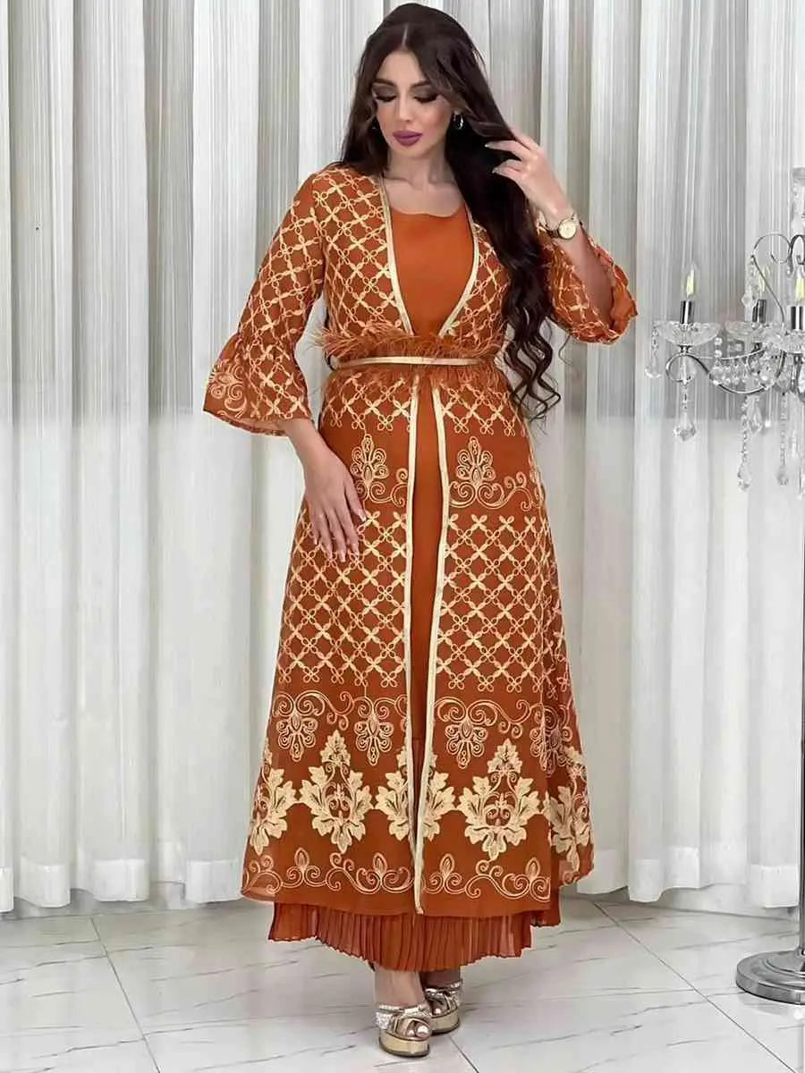 2-Piece Embroidered Sequin Caftan Dress Set with Inner Sleeveless Dress - Elegant Eid Outfits for Women, Perfect for Holiday Celebrations, Parties & Special Occasions