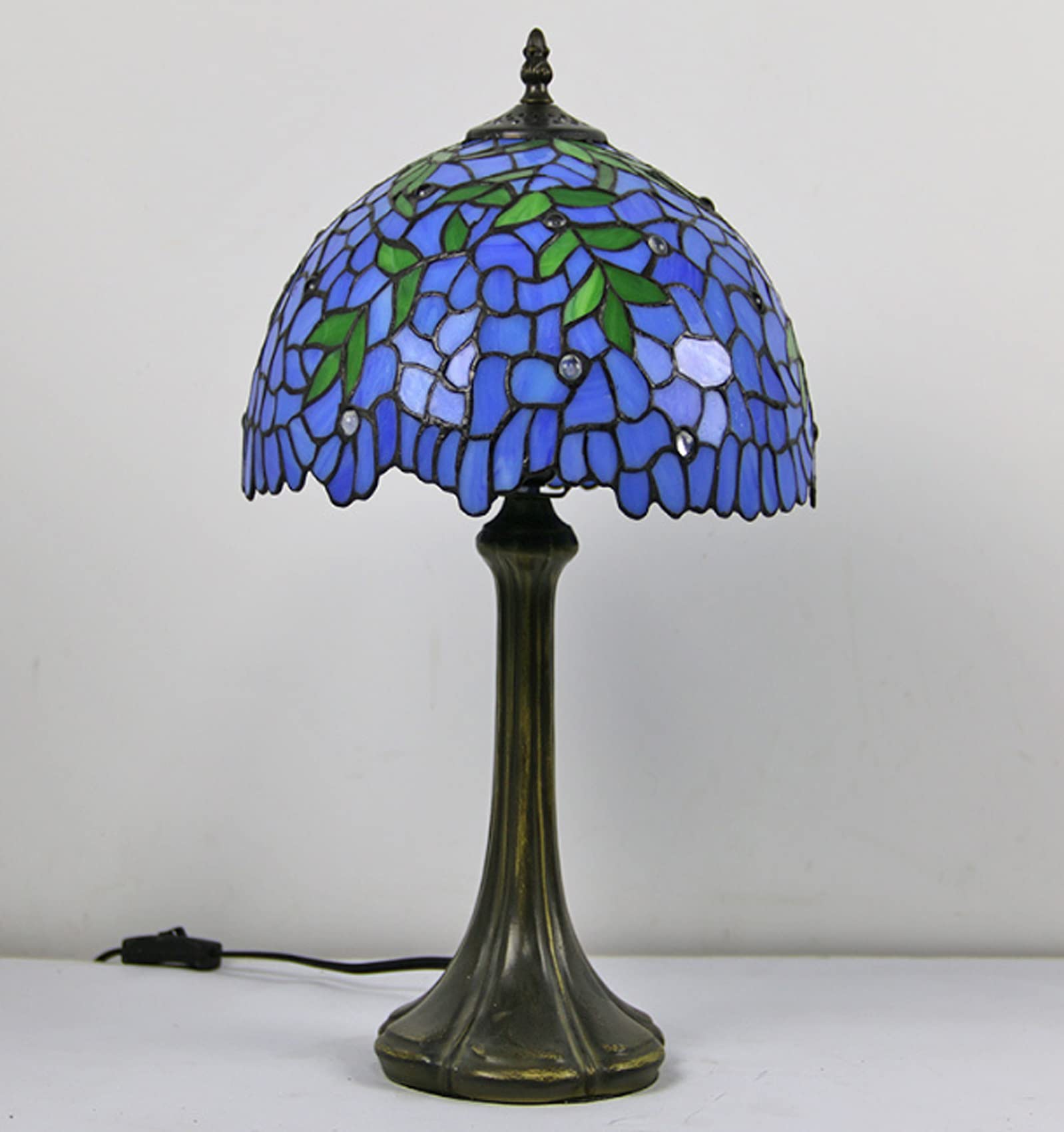 Tiffany Style Stained Glass Table Lamp - Purple Bedside Desk Light (12/18 Inch) with Green Leaves Lampshade & Antique Base - Perfect Gift for Home, Bedroom, Office - Romantic Lighting for Lovers, Parents, Friends & Kids