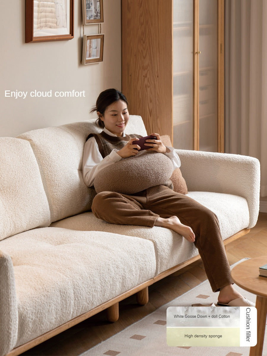 Oak Solid Wood Lamb Fleece Sofa - White Cream Modern Style | Cozy Living Room Furniture for Home Decor