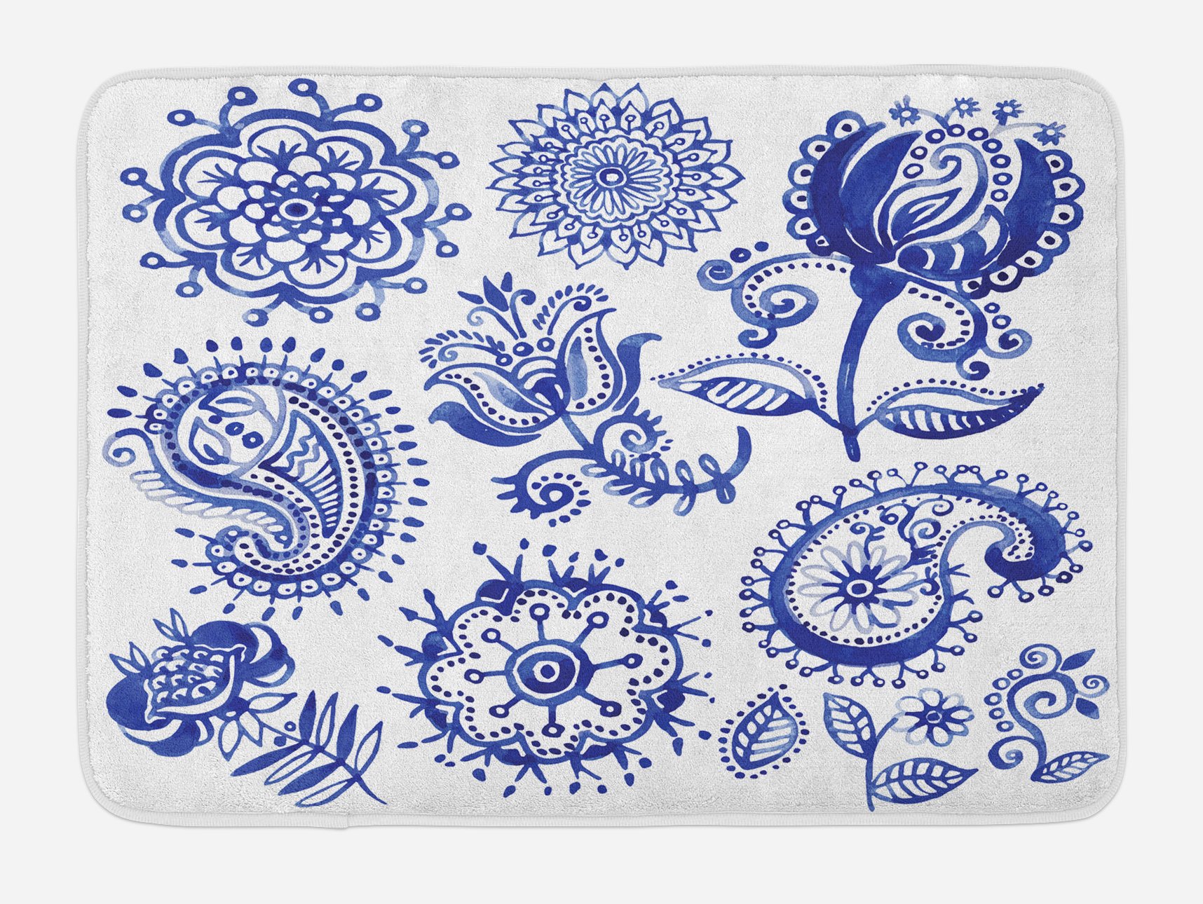 Ambesonne Non-Slip Plush Bath Mat - Blue & White Watercolor Paisley Mandala Floral Design - 30.2