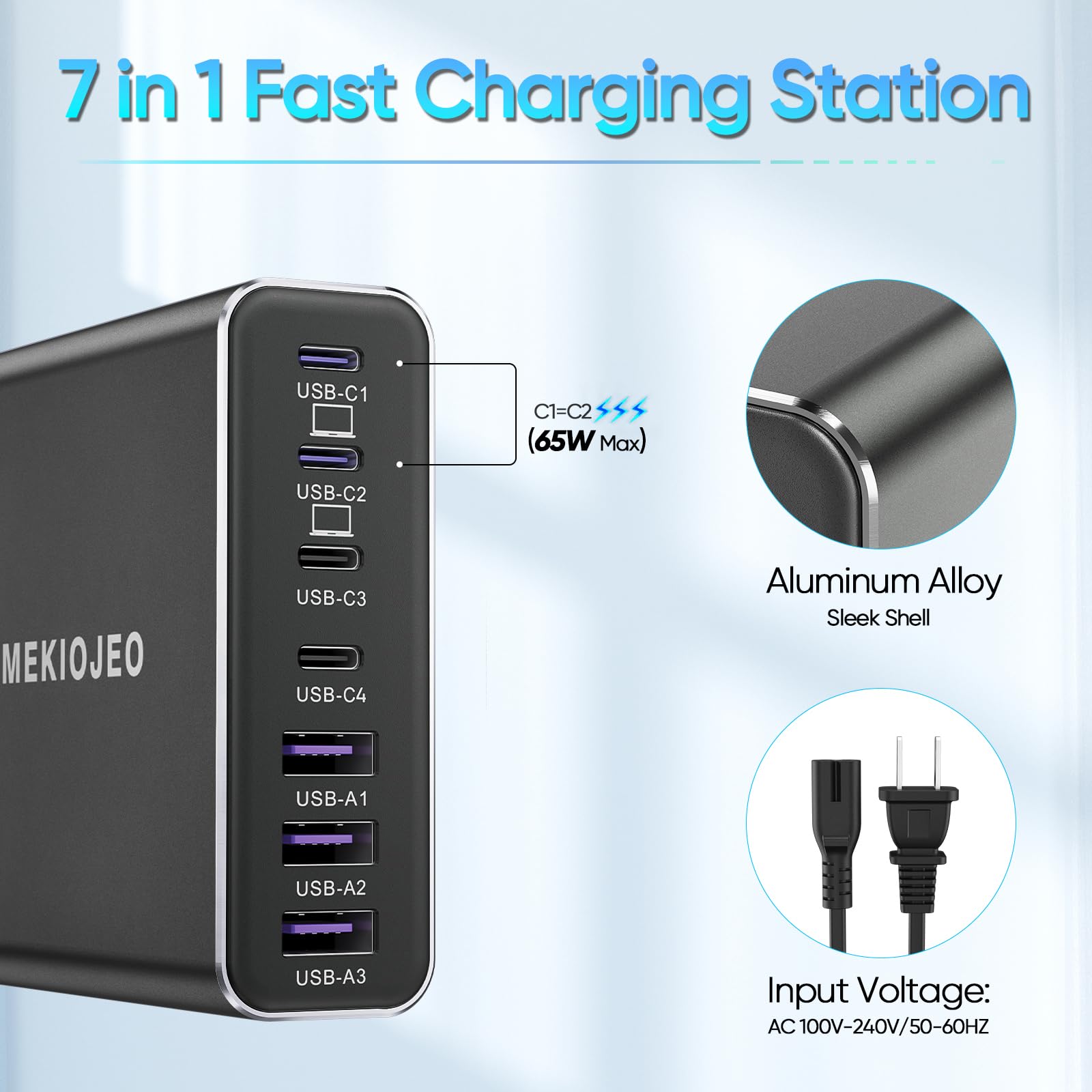 220W 7-Port USB C Fast Charging Station - Aluminum Alloy Multi-Port Charger with 65W USB C Laptop Charging for MacBook Pro/Air, iPhone 15/14, iPad, Samsung Galaxy - Perfect for Home, Office & Travel (Black)
