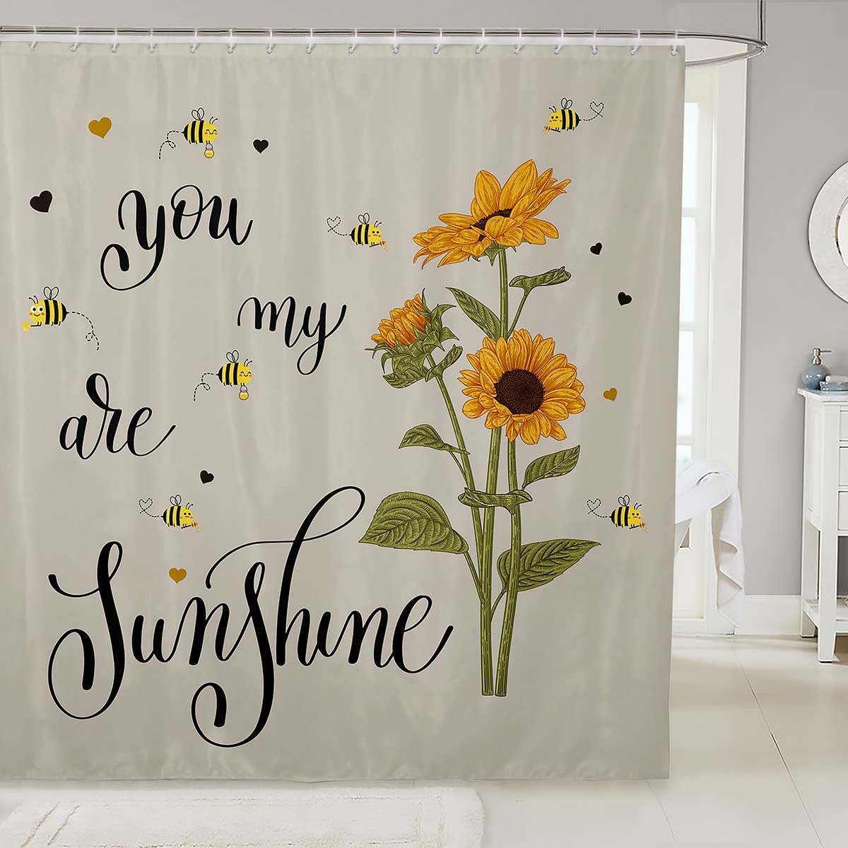 Sunflower & Bee Shower Curtain - Waterproof Floral Bathroom Decor for Kids, Teens & Girls - Vintage Animal Theme with 12 Hooks - Fits Standard 72x72 Inch Bathtub - Perfect for Kids' Bathroom, Nursery or Farmhouse Style Decor