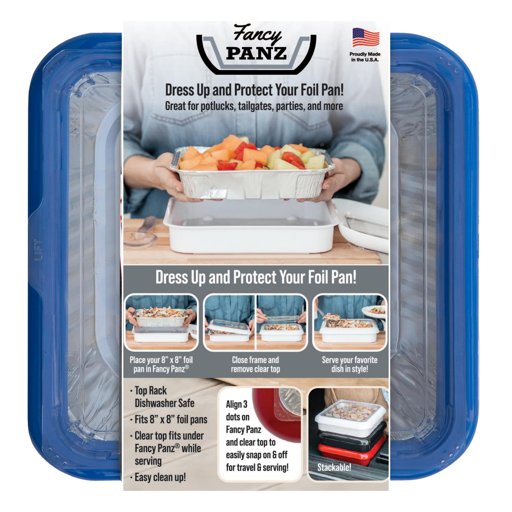 Premium 8x8 Stackable Aluminum Serving Tray with Foil Pan Carrier | Made in USA | Denim Blue Food Tray for Travel, Picnics & Potlucks | Includes Disposable Foil Pan & Serving Spoon