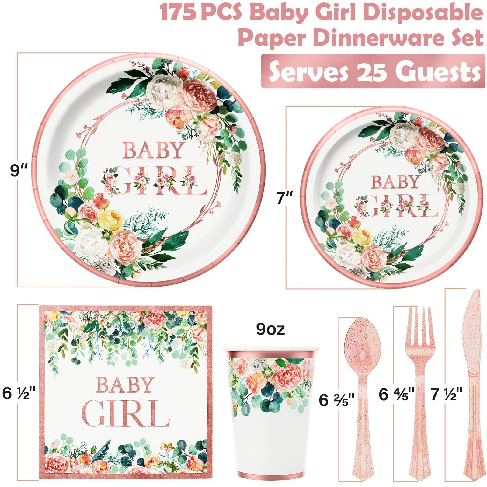 175PCS Floral Baby Shower Party Supplies Set - Rose Gold Disposable Dinnerware for Girls (25 Guests) | Includes Plates, Cups, Napkins, Forks, Knives & Spoons | Perfect for Baby Girl Birthday & Bridal Showers