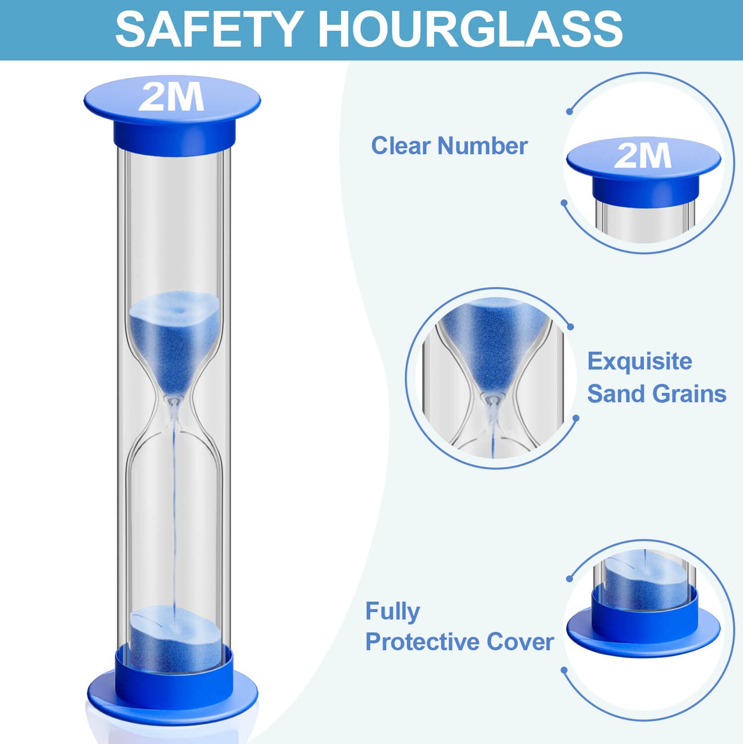 2 Minute Sand Timer for Kids - Unbreakable Acrylic Hourglass, Colorful Plastic Sand Clock for Classroom, Games & Toothbrushing - Blue Sandglass Timer for Time Management & Learning Activities