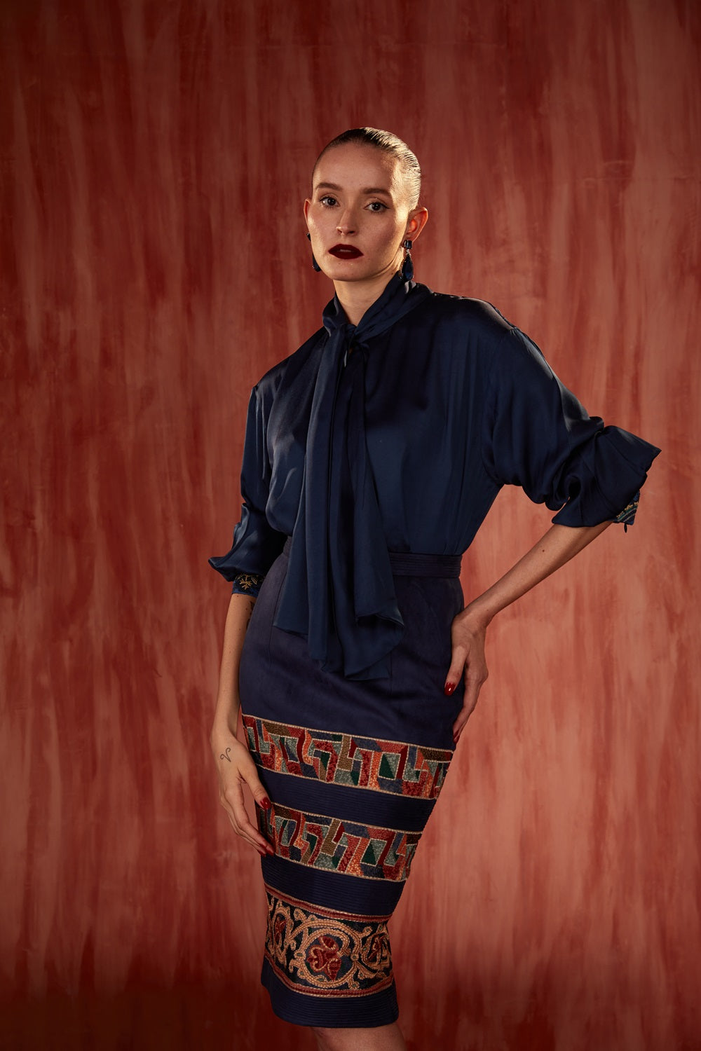 Elegant Navy Blue Bow Tie Blouse for Women - Perfect for Office Wear, Parties & Special Occasions
