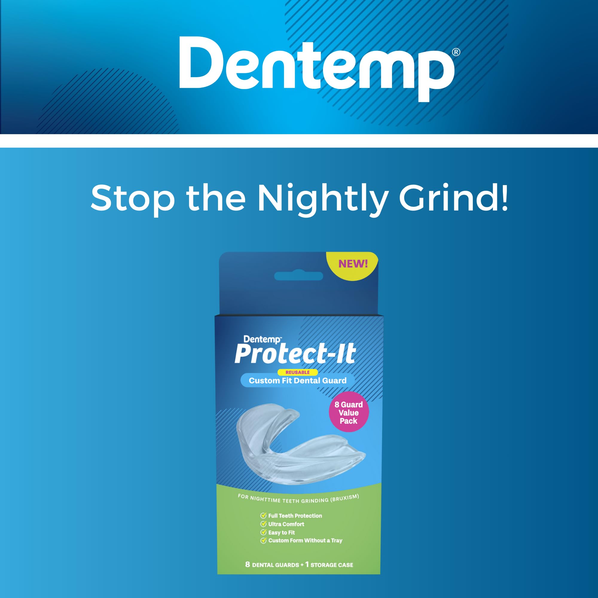 Dentemp Protect-It Custom Fit Mouth Guard 8 Pack for Teeth Grinding & Clenching - Night Guards for Sleep Bruxism Relief - Perfect for Sports, Travel & Nighttime Teeth Protection