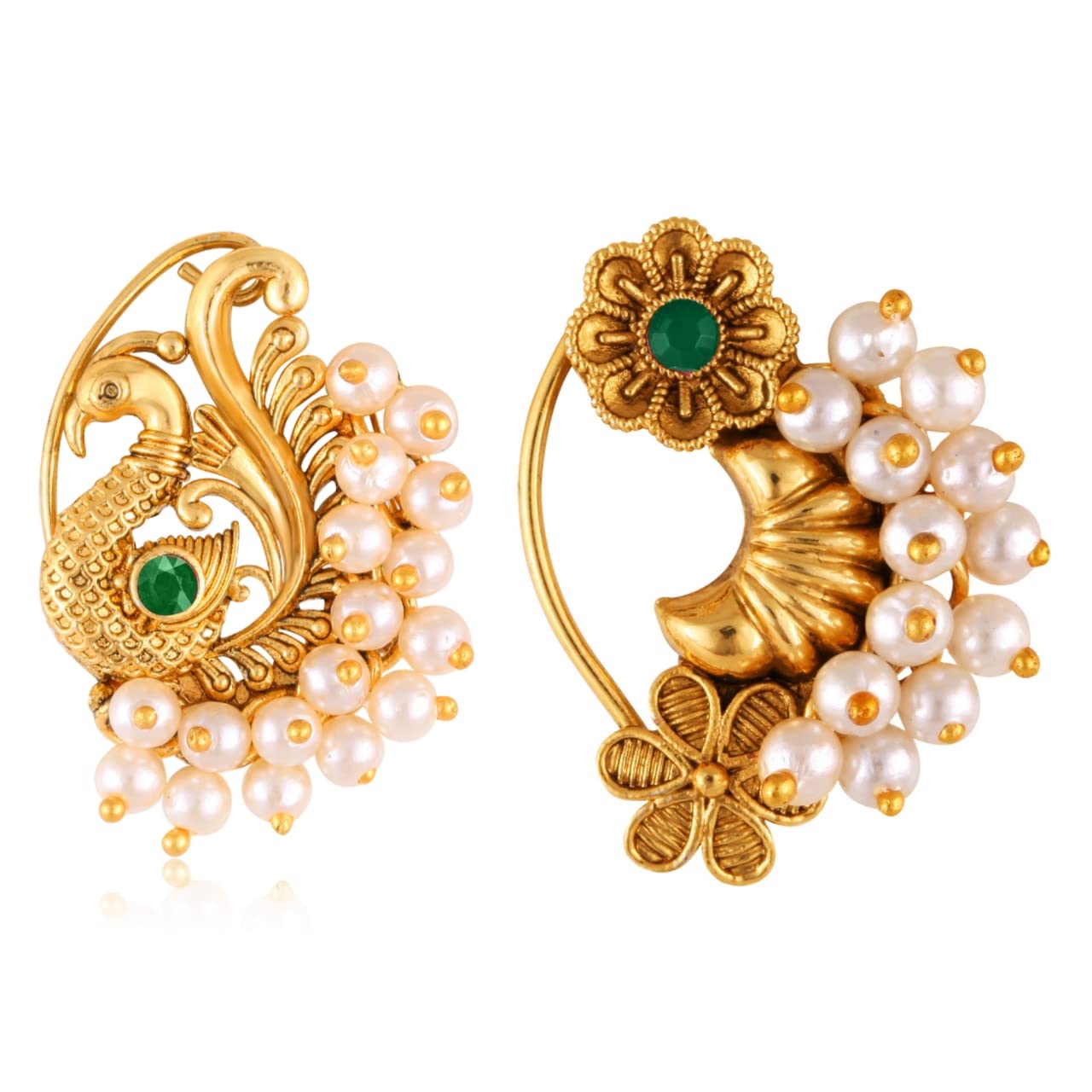 Vighnaharta Golden Moti Pearls Nose Pin - Gold Plated Alloy Nose Ring Set for Women & Men | Valentine's Day Gift for Her/Him | Traditional Indian Jewelry for Weddings, Festivals & Special Occasions [VFJ1134-1179NTH-Press-Green]