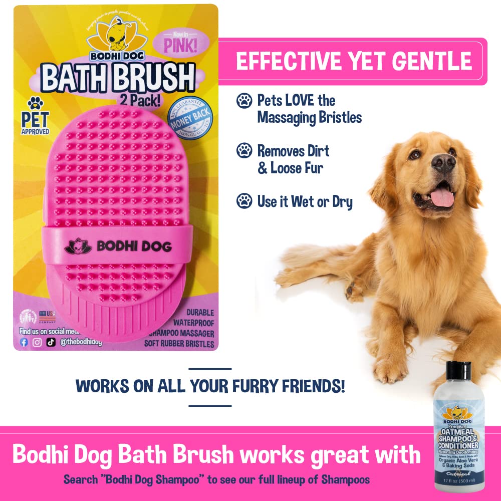 Bodhi Dog Shampoo Brush - Pet Grooming & Bath Brush for Cats & Dogs - Long & Short Hair Bath Scrubber - Premium Pet Massage Brush for Shower & Bathing (2-Pack, Pink) - Perfect for Home Grooming & Spa Days