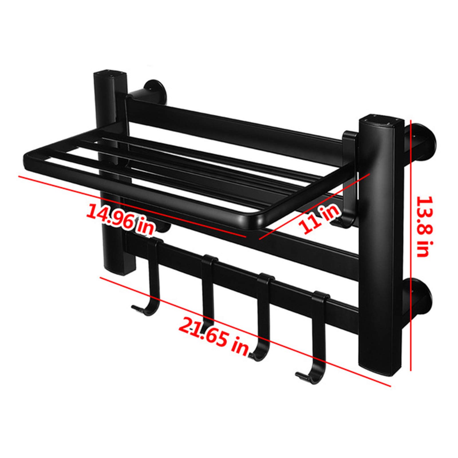 Electric Heated Towel Rack - Bathroom Towel Warmer & Drying Rack with Top Shelf - Space Saving Aluminum Heated Towel Rail with Removable Hooks - Hardwired Installation - Black - Perfect for Bathrooms, Spas & Luxury Homes