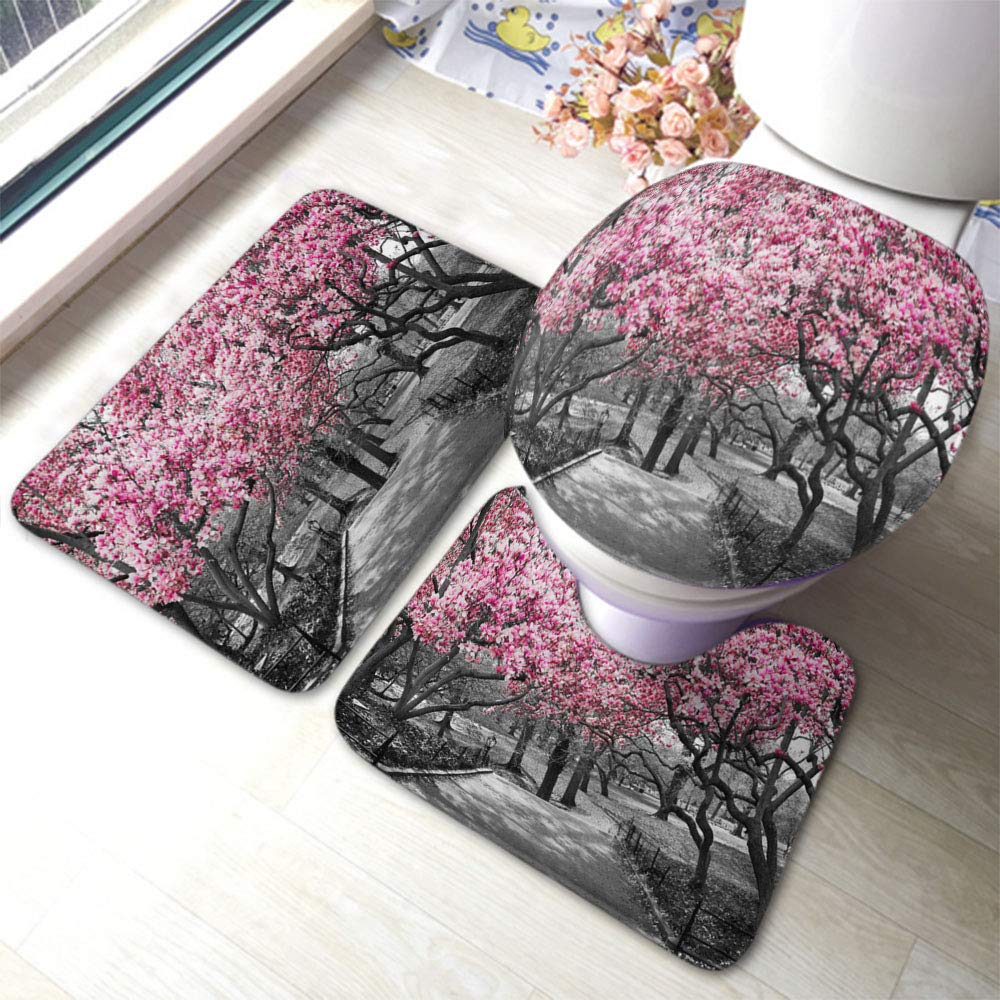 Premium Pink Blossoms Bath Mat Set - Central Park Black & White Landscape Design - 3-Piece Non-Slip Bathroom Rug with Toilet Lid Cover - Soft, Absorbent & Anti-Skid for New York City Themed Bathrooms - Perfect for Modern Homes, Apartments & Guest Bathrooms
