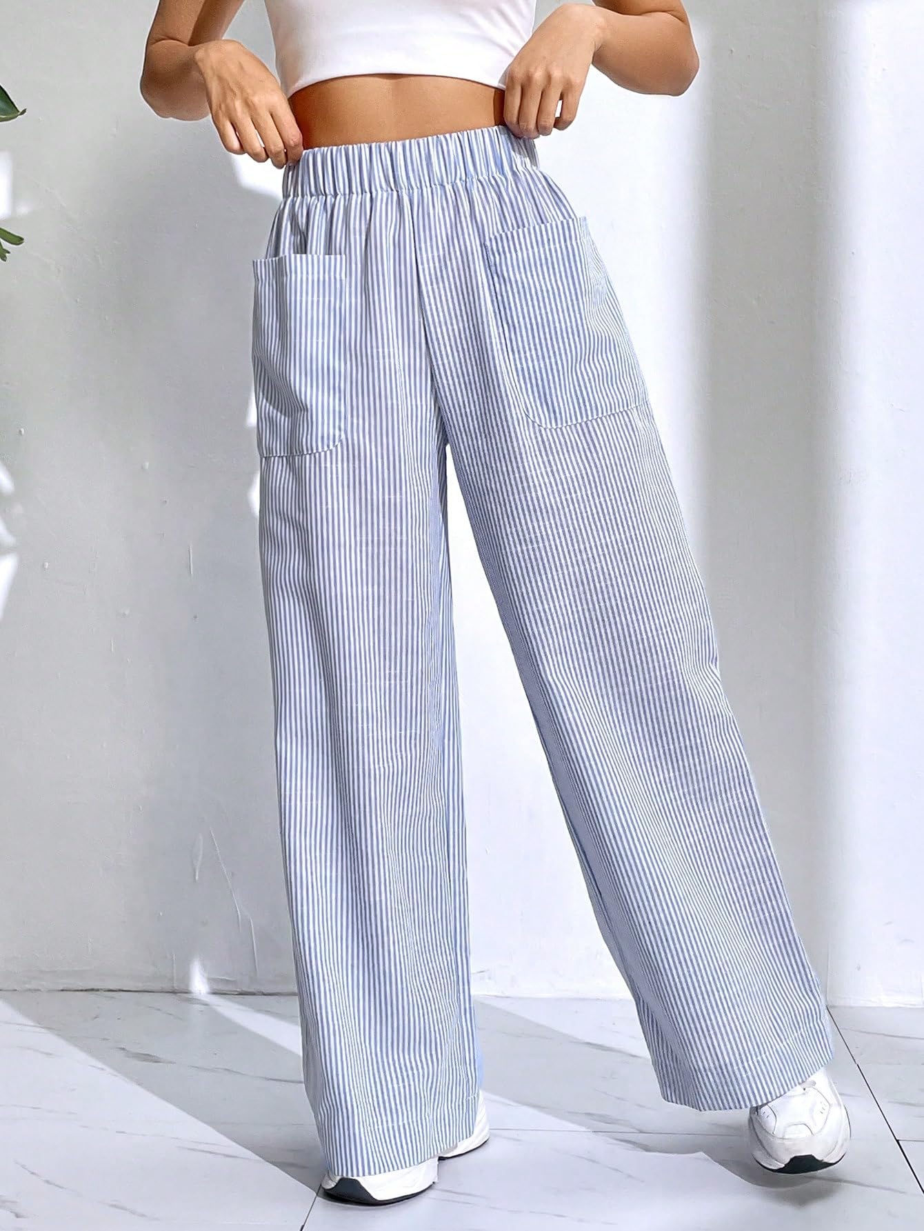 Floerns Women's Striped High Waist Wide Leg Pants with Pockets - Stretchy Comfort for Work, Travel & Casual Outfits