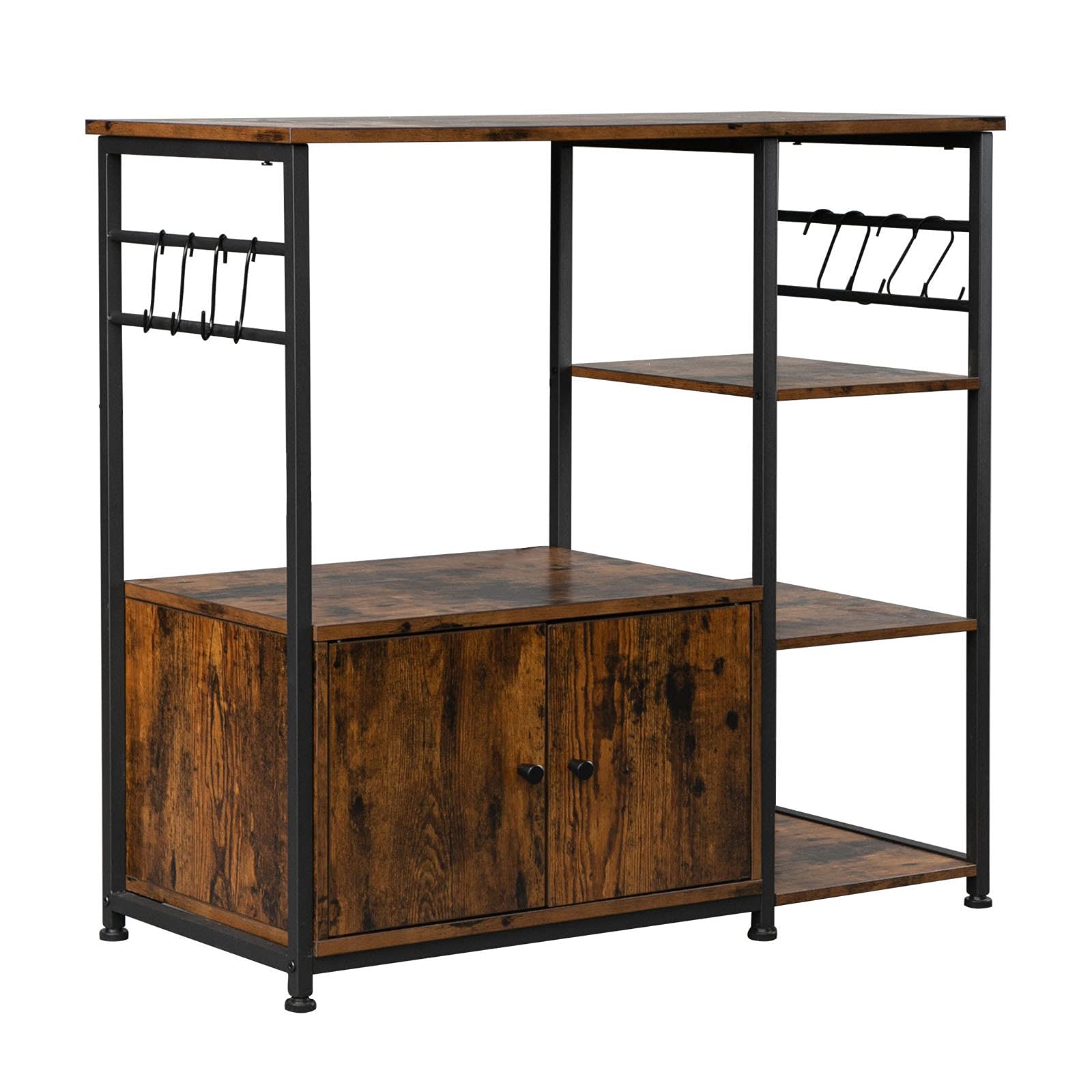 4-Tier Microwave Storage Rack - Space-Saving Kitchen Organizer with Wine Storage & 8 Hooks - Perfect for Small Kitchens, Baker's Workstation, Pantry Organization & Microwave Oven Stand
