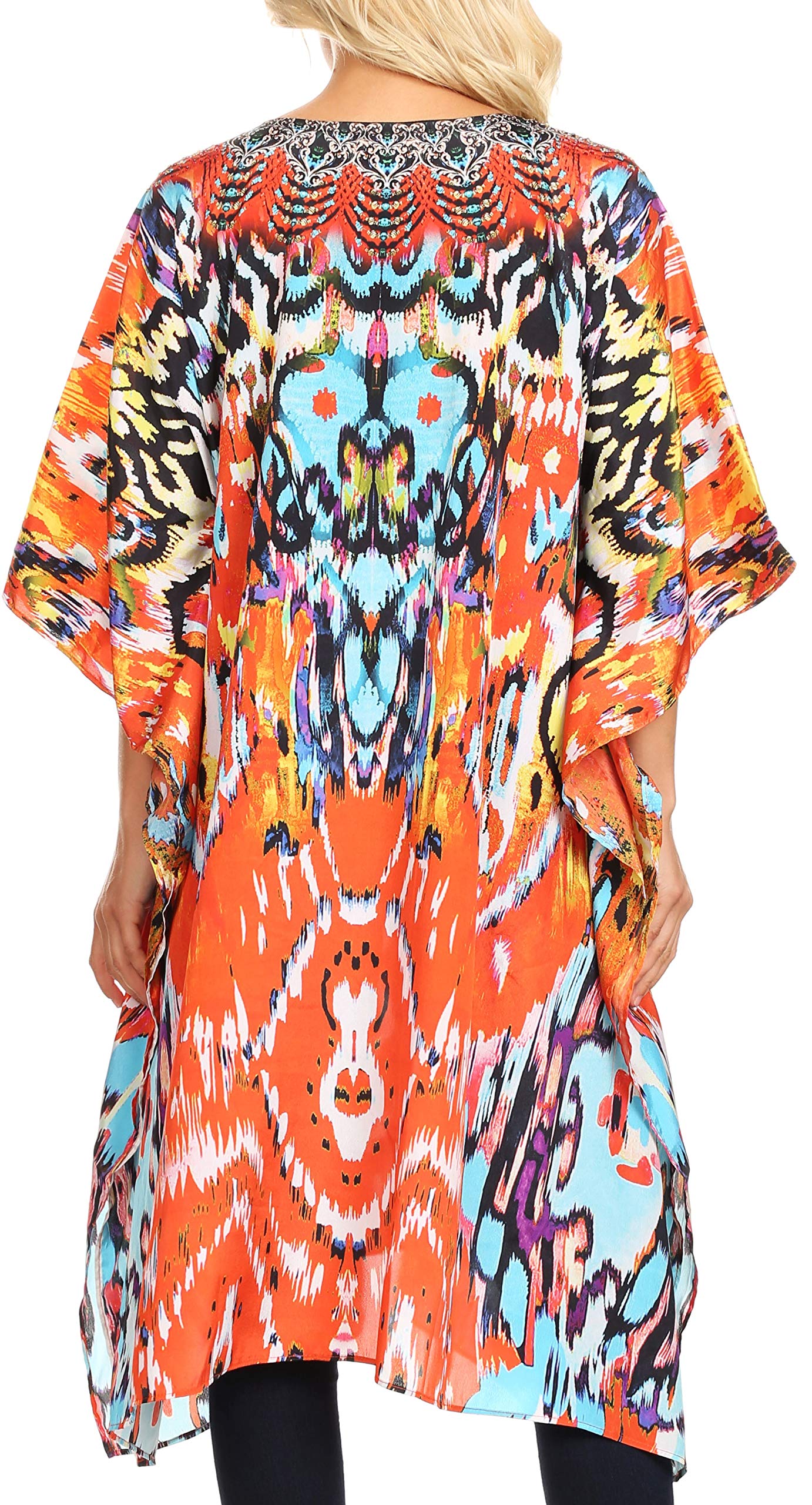Sakkas Jenni Women's Boho Caftan Dress - Flowy Mid-Length Kaftan with Rhinestone Details | Perfect for Beach Cover Up, Summer Vacation & Boho Fashion Outfits