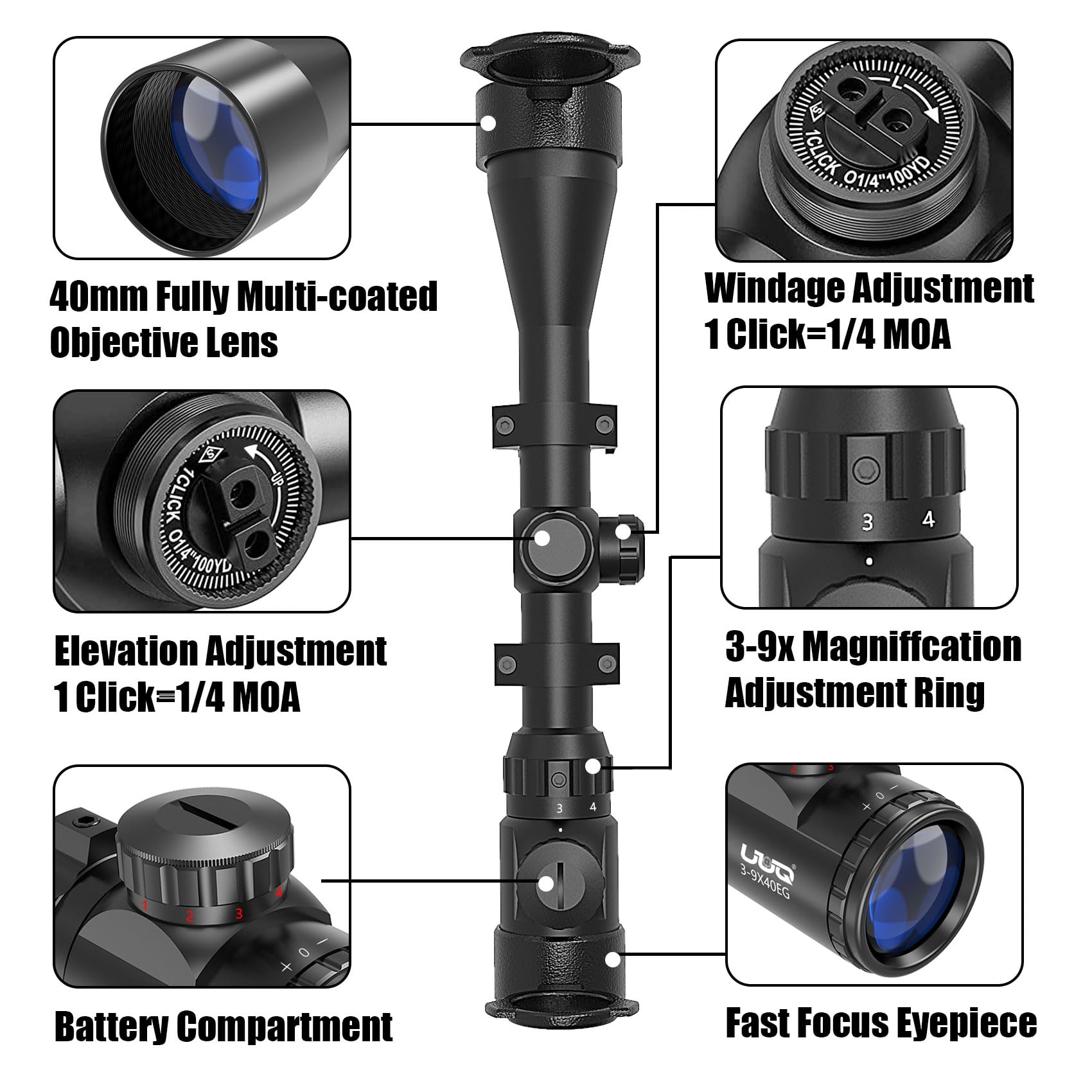 UUQ 3-9×40 Rifle Scope with Red/Green Illuminated Reticle - Rangefinder, Waterproof & Fog-Proof - Includes Batteries & Free 11mm Mounts - Perfect for Hunting, Shooting & Outdoor Adventures