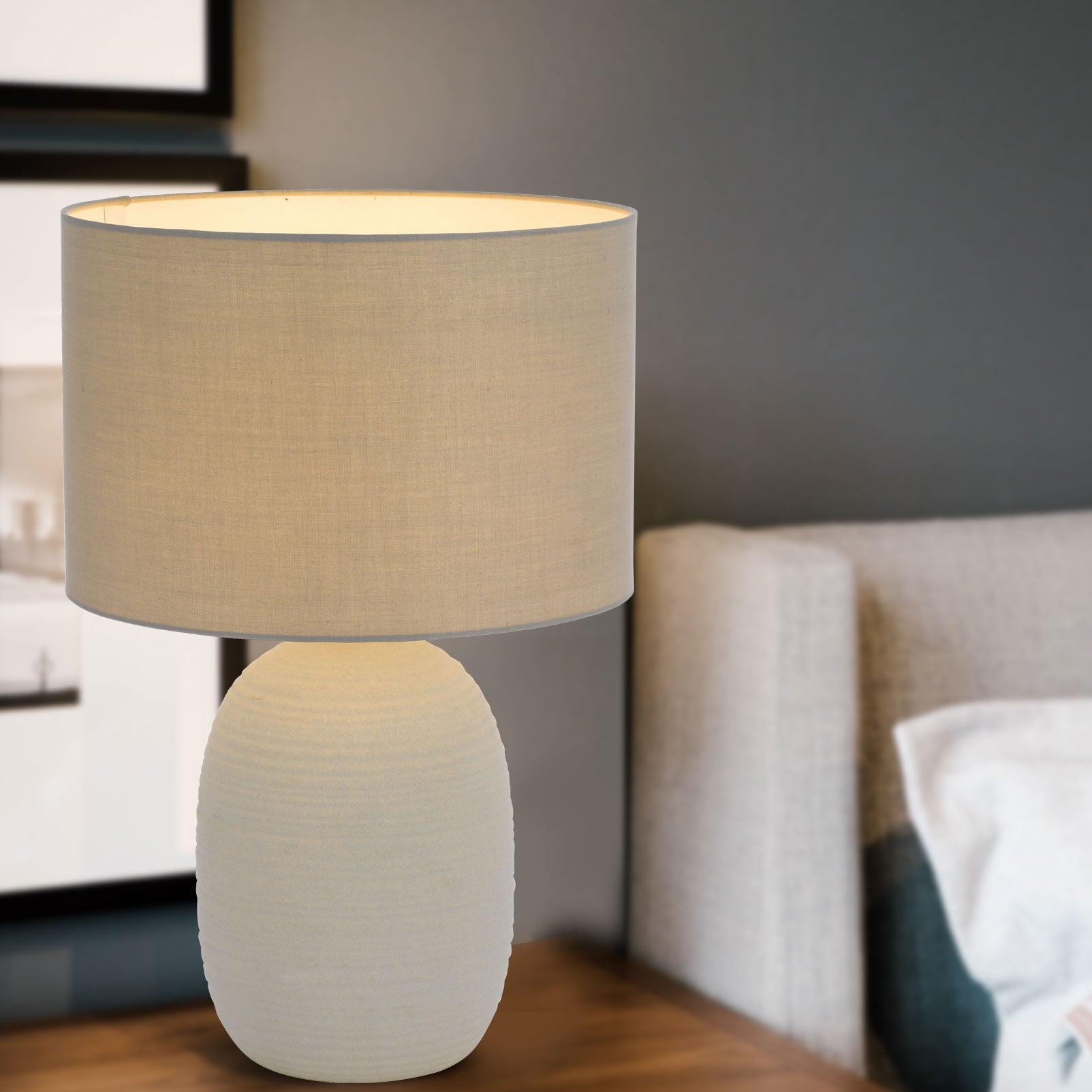 Arbro Ceramic Table Lamp - Modern Grey Nightstand Lamp for Bedroom, Living Room, or Office - Stylish Home Decor Lighting with Soft Glow