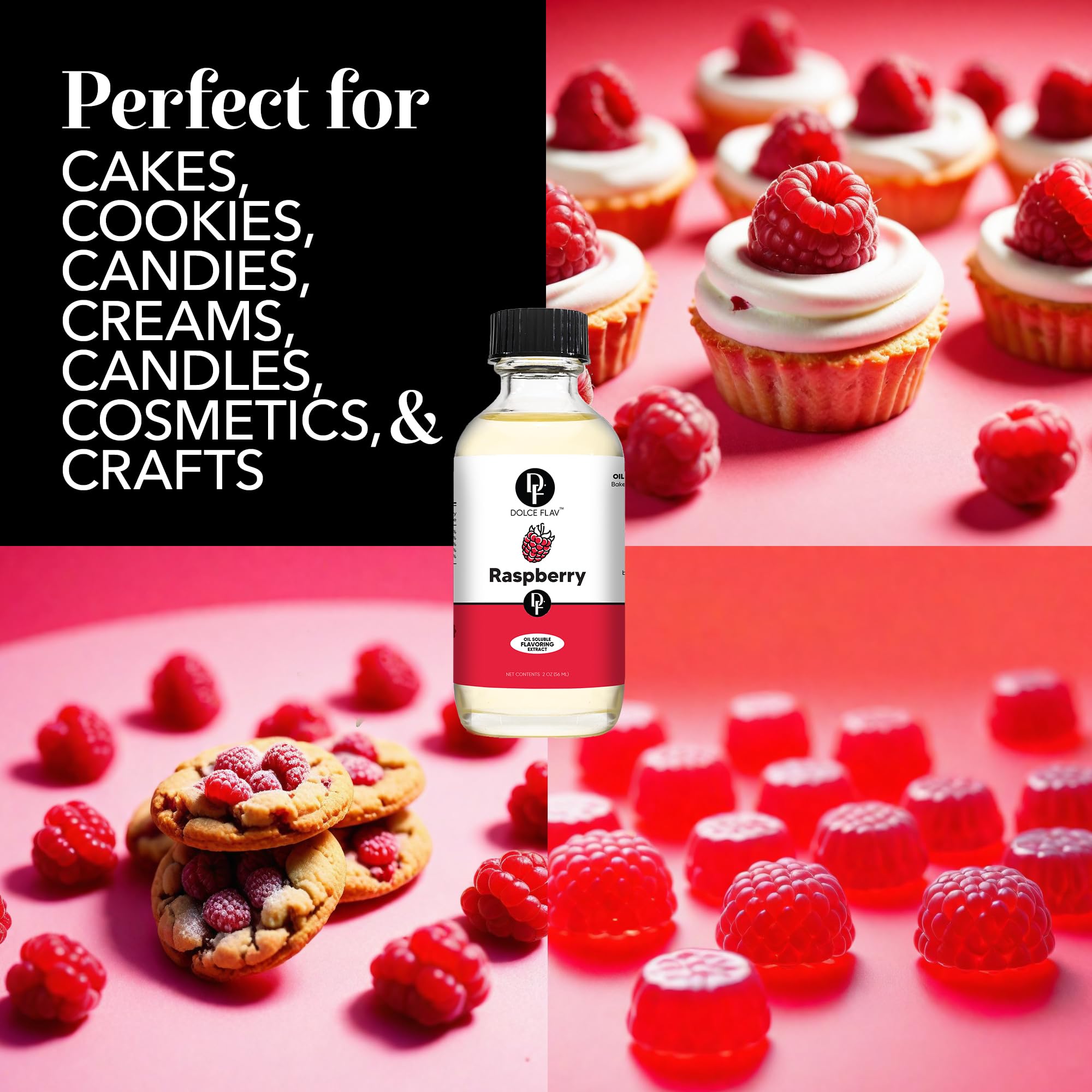 Dolce Flav Raspberry Extract (Oil-Soluble) 1 Gallon – Kosher, Sugar-Free, Concentrated Raspberry Flavoring for Chocolates, Candies, Baking & Beverages – Includes Measured Dropper – Perfect for DIY Desserts, Homemade Treats & Professional Baking