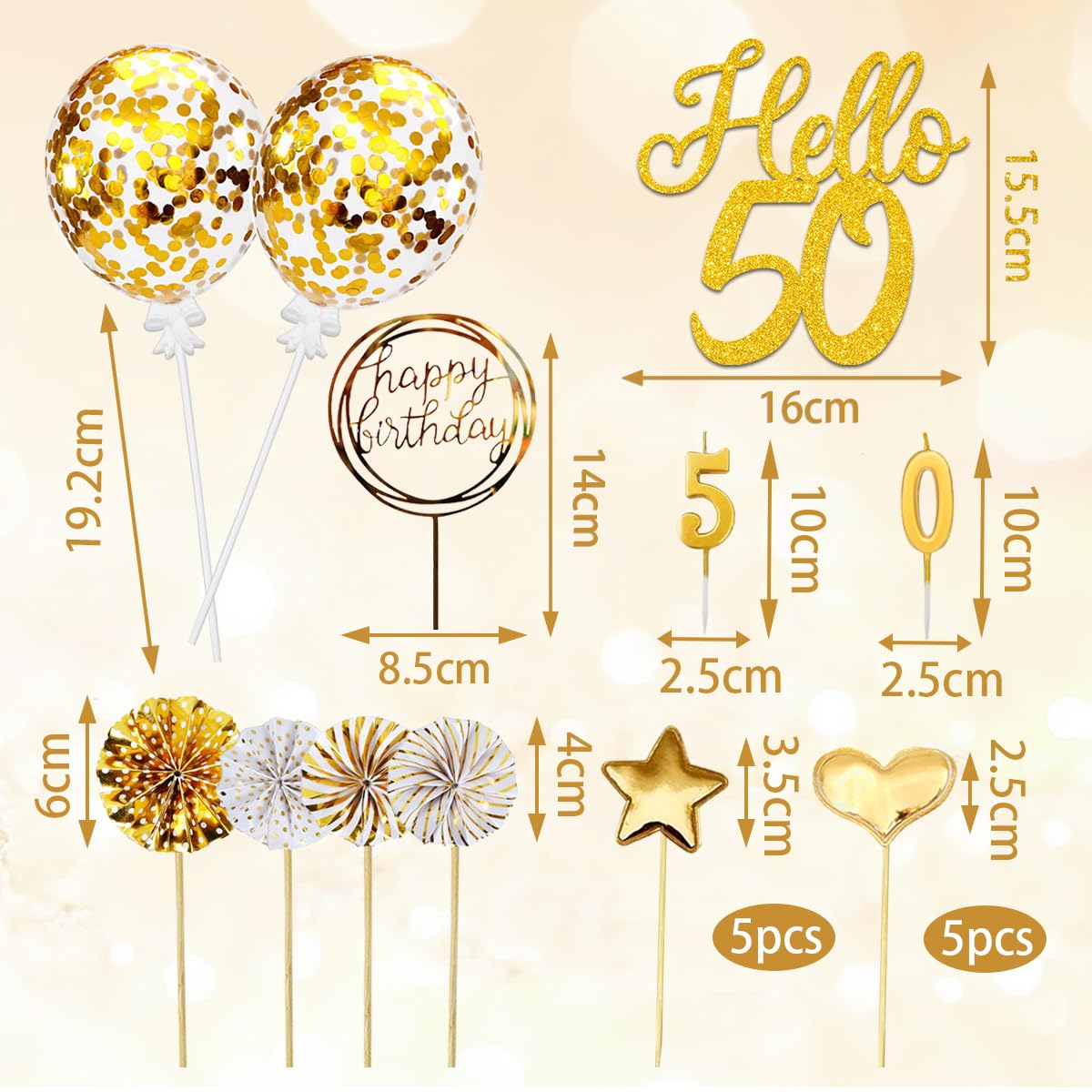 50th Birthday Cake Decorations Set - 20-Piece Gold Hello 50 Cake Toppers with Birthday Candles for Anniversary Celebration | Perfect for Milestone Birthday Cakes, Retirement Parties & Golden Jubilee Decorations