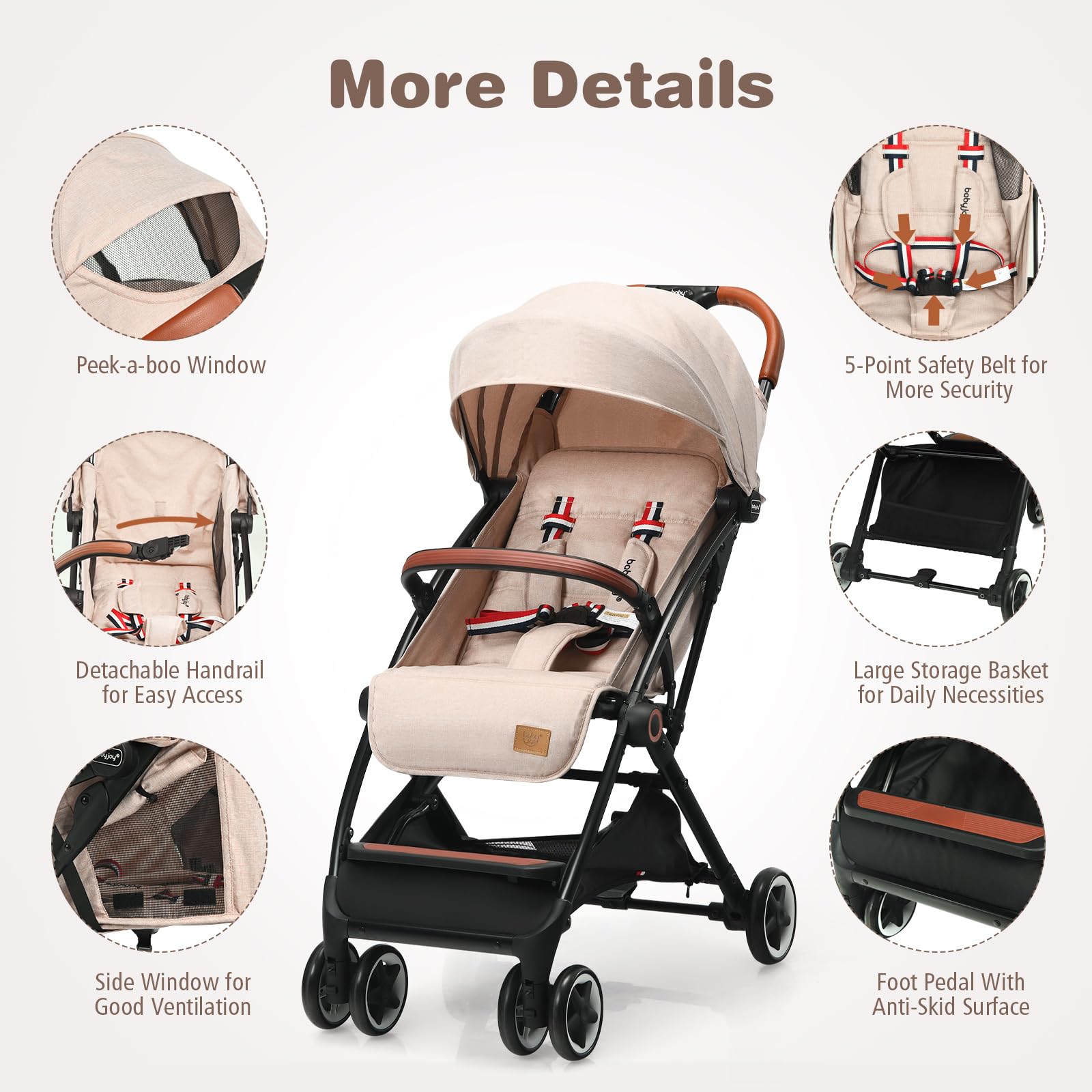 BABY JOY Lightweight Compact Baby Stroller for Travel - Airplane Approved Infant Stroller with 5-Point Safety Harness, Adjustable Backrest & Canopy, Storage Basket | Easy One-Hand Fold Beige Stroller for Newborns & Toddlers | Perfect for Air Travel, Shopping & Daily Walks