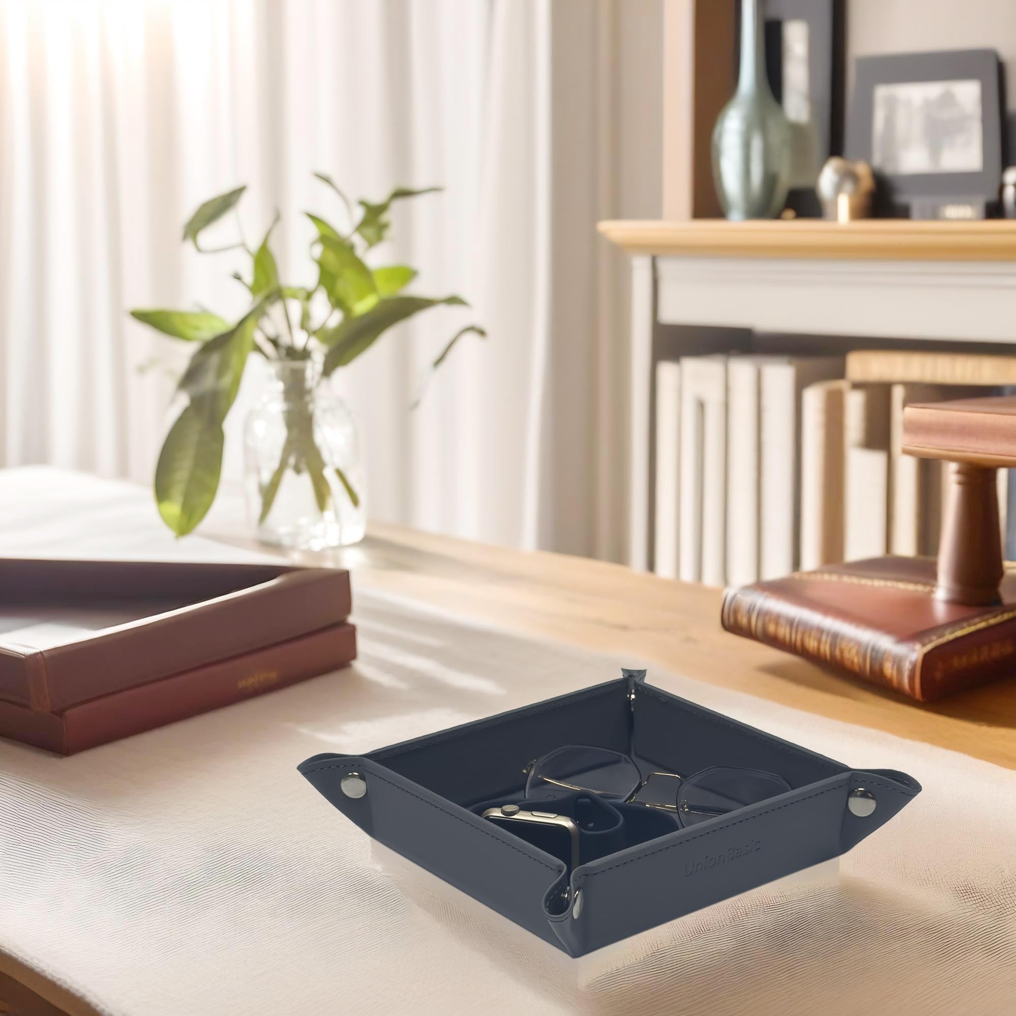 UnionBasic Small Valet Tray - Jewelry Organizer for Rings, Watches & Earrings - Entryway Catchall for Keys, Coins & Change - Nightstand Bedside Organizer - Electronic Gadgets Tray - Elegant Grey - Perfect for Home, Office & Travel Organization