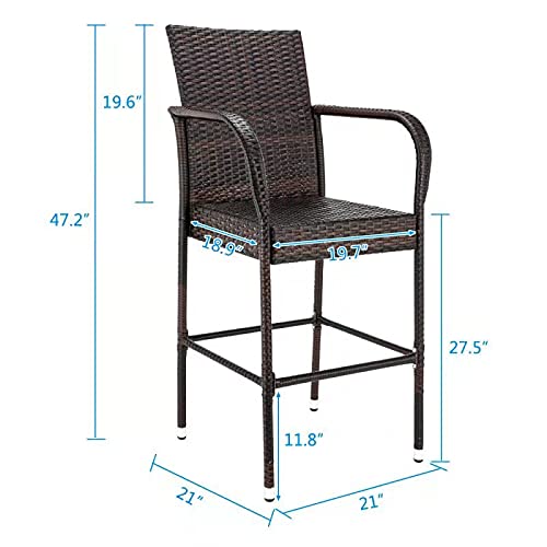 All-Weather Outdoor Wicker Rattan Bar Stool Set of 2 - Patio Furniture Chairs with Armrest & Footrest for Garden, Pool, Lawn & Backyard (Brown) - Perfect for Outdoor Dining, Entertaining & Relaxation