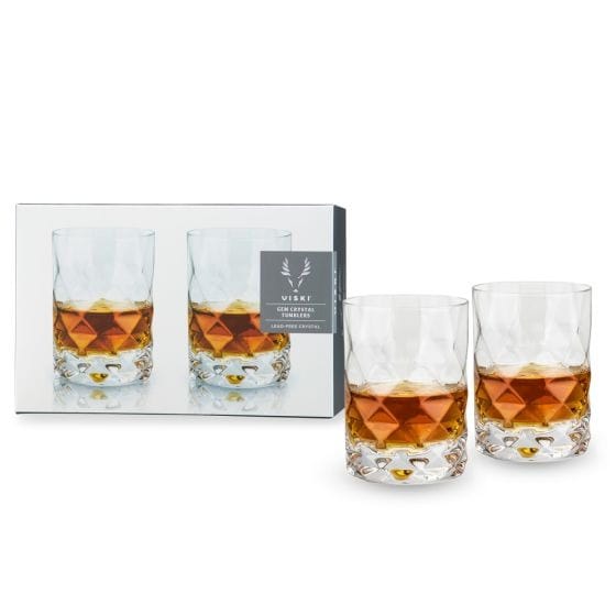 Viski Gem Crystal Tumblers Set of 2 - Elegant Whiskey Glasses for Home Bar, Cocktail Parties & Gift Giving