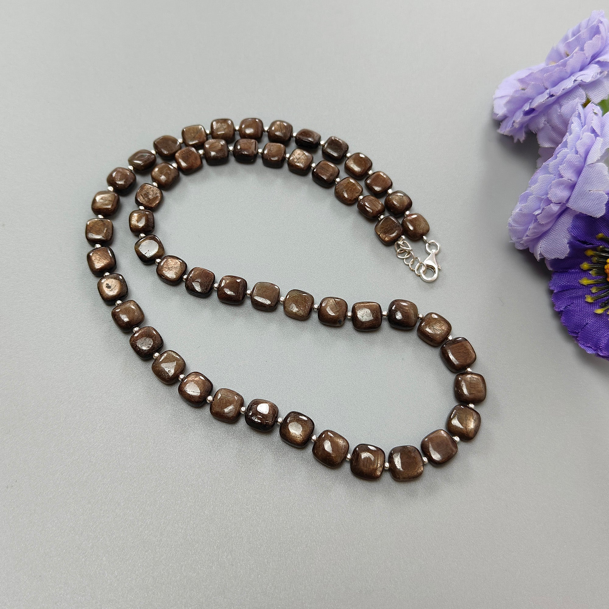 Natural Golden Brown Chocolate Sapphire Gemstone Beads Necklace - 925 Sterling Silver, 7mm-8mm Cushion Cut, 36g (Approx) - Perfect for Wedding, Anniversary & Special Occasion Jewelry Gifts