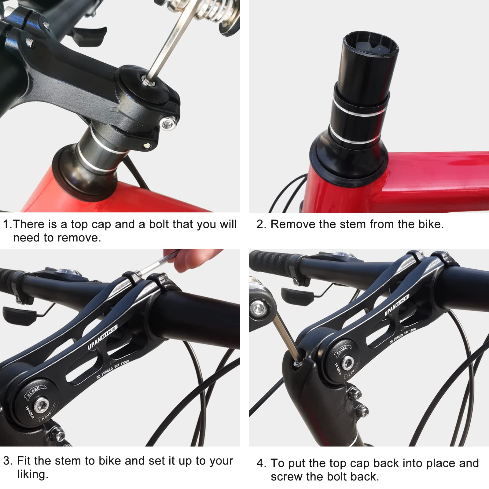 UPANBIKE Adjustable Bike Stem 31.8mm - 75mm/95mm/130mm Aluminum Alloy Handlebar Riser Extender for MTB, Road Bike, BMX - 130 Degree Angle for Comfortable Riding on Mountain Trails & Urban Commutes