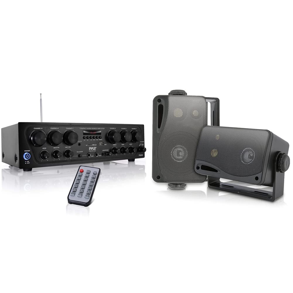 Pyle Wireless Bluetooth Home Audio Amplifier System - 750W 6-Channel Stereo Receiver with 3-Way Mini Speakers, USB, Micro SD, Headphone & Dual Mic Inputs with Echo - Perfect for Home Theater, Karaoke & Party Sound System