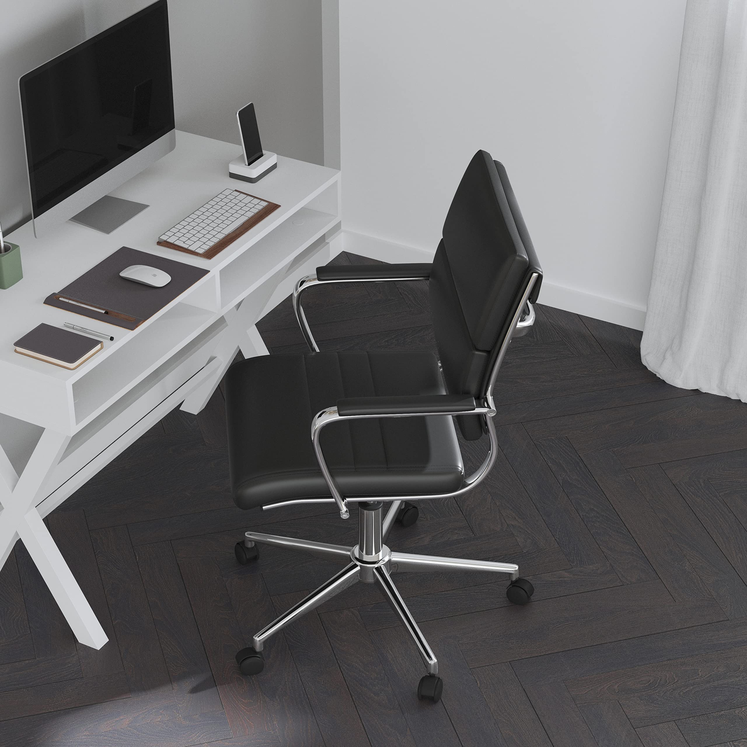 Merrick Lane McEntyre Mid-Back Ergonomic Office Chair - Faux Leather Executive Swivel Desk Chair with Adjustable Height & Padded Arms - Modern Panel Back Design for Home Office & Workspace Comfort