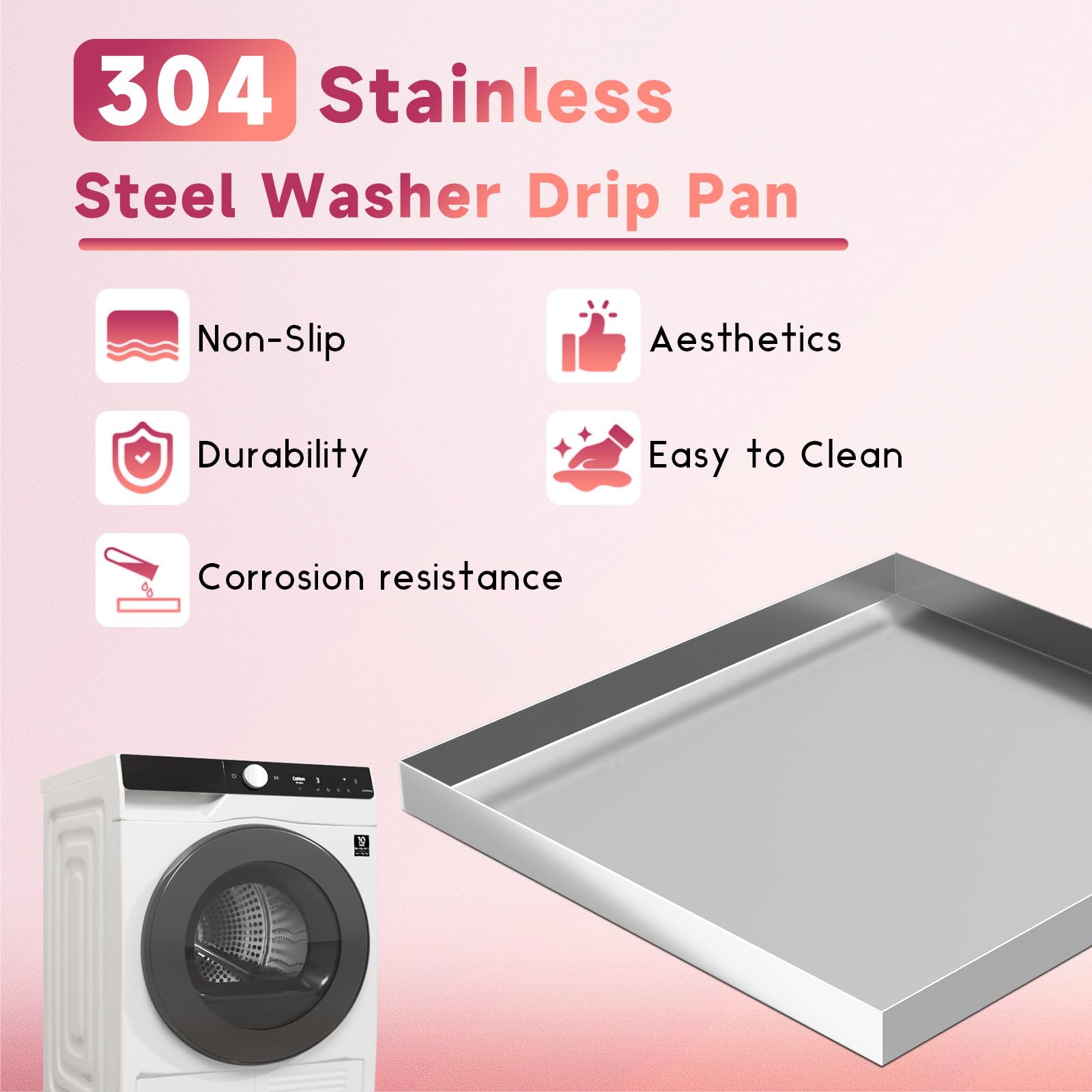 32 x 32 x 2.5 Inch 304 Stainless Steel Washing Machine Drain Pan - Heavy Duty Leak Proof Drip Tray for Compact Washers - Floor Protection Solution for Laundry Rooms & Basements