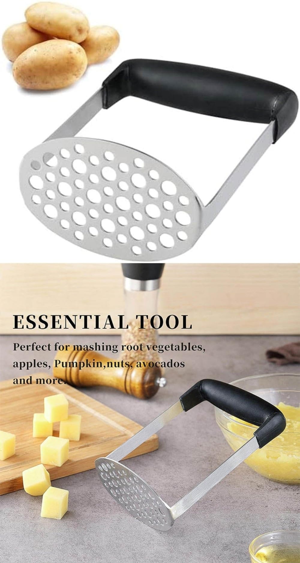 Premium Stainless Steel Potato Masher - Heavy Duty Kitchen Tool for Smooth Mashed Potatoes, Beans, Avocados & Meat | Ergonomic Non-Slip Handle | Perfect for Thanksgiving, Baby Food Prep & Home Cooking | Silver