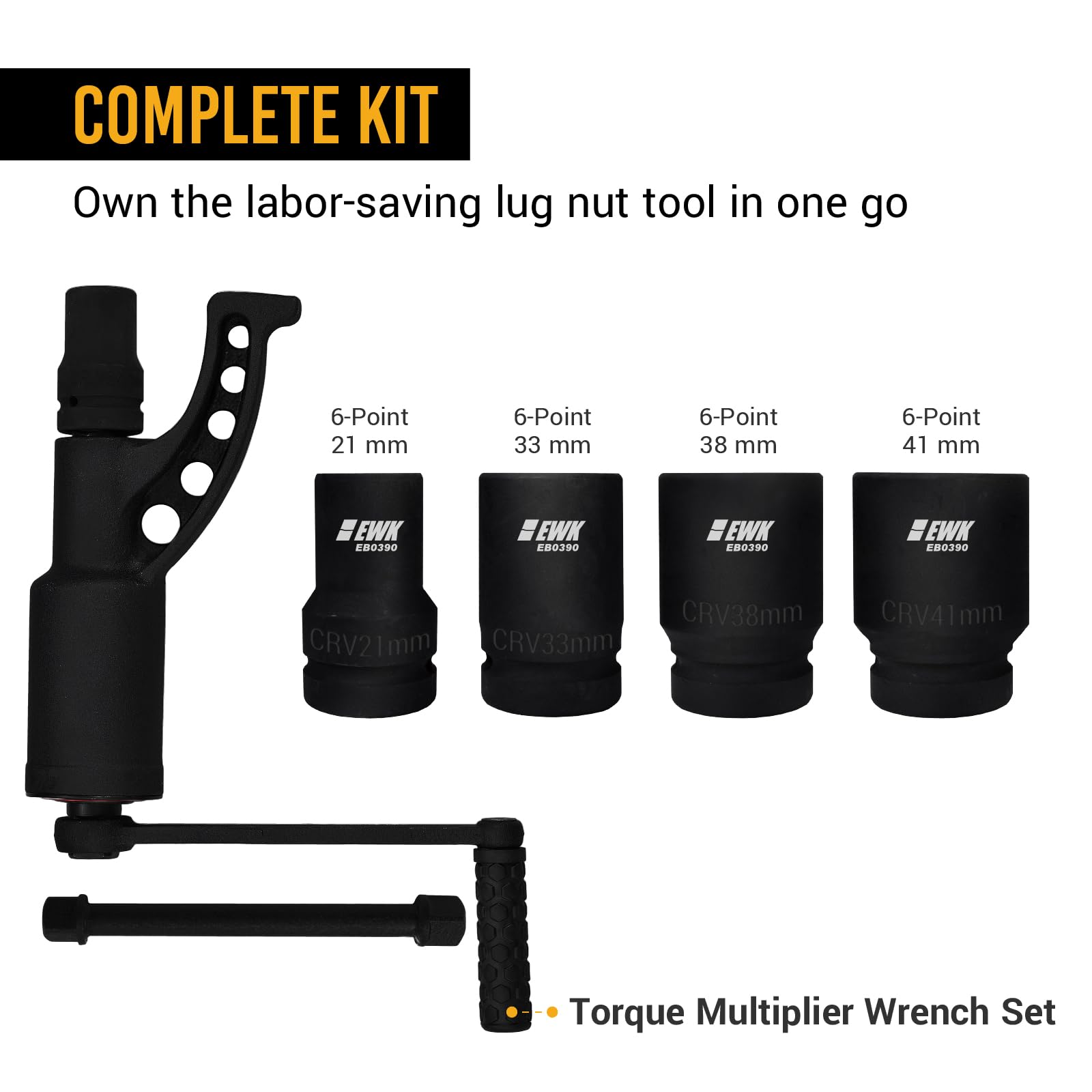 EWK 7-Piece 1-Inch Drive Heavy Duty Torque Multiplier Wrench Set with 21mm, 33mm, 38mm, 41mm Sockets - Labor Saving Lug Nut Remover for Semi Trucks, RVs & Heavy Equipment - Perfect for Tire Changes, Mechanical Repairs & Industrial Maintenance