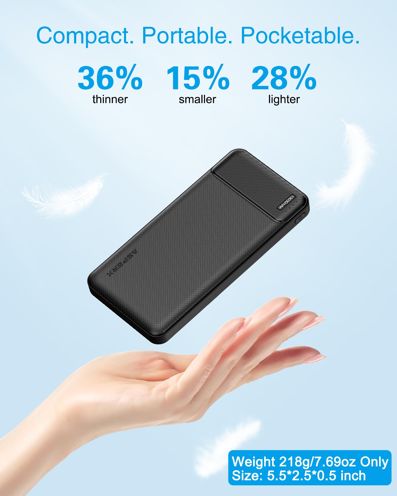 AsperX 10000mAh Portable Charger with USB-C Output | 3-Port Fast Charging Power Bank for iPhone 15/14/13/12/11, Samsung, Google Pixel, LG | External Battery Pack for Travel, Camping & Emergency Power Backup