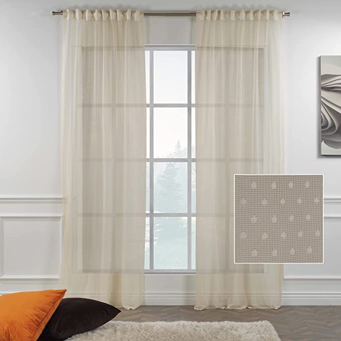 Beige Lace Sheer Curtains with Dots Pattern - Set of 2 Extra Long Panels (52