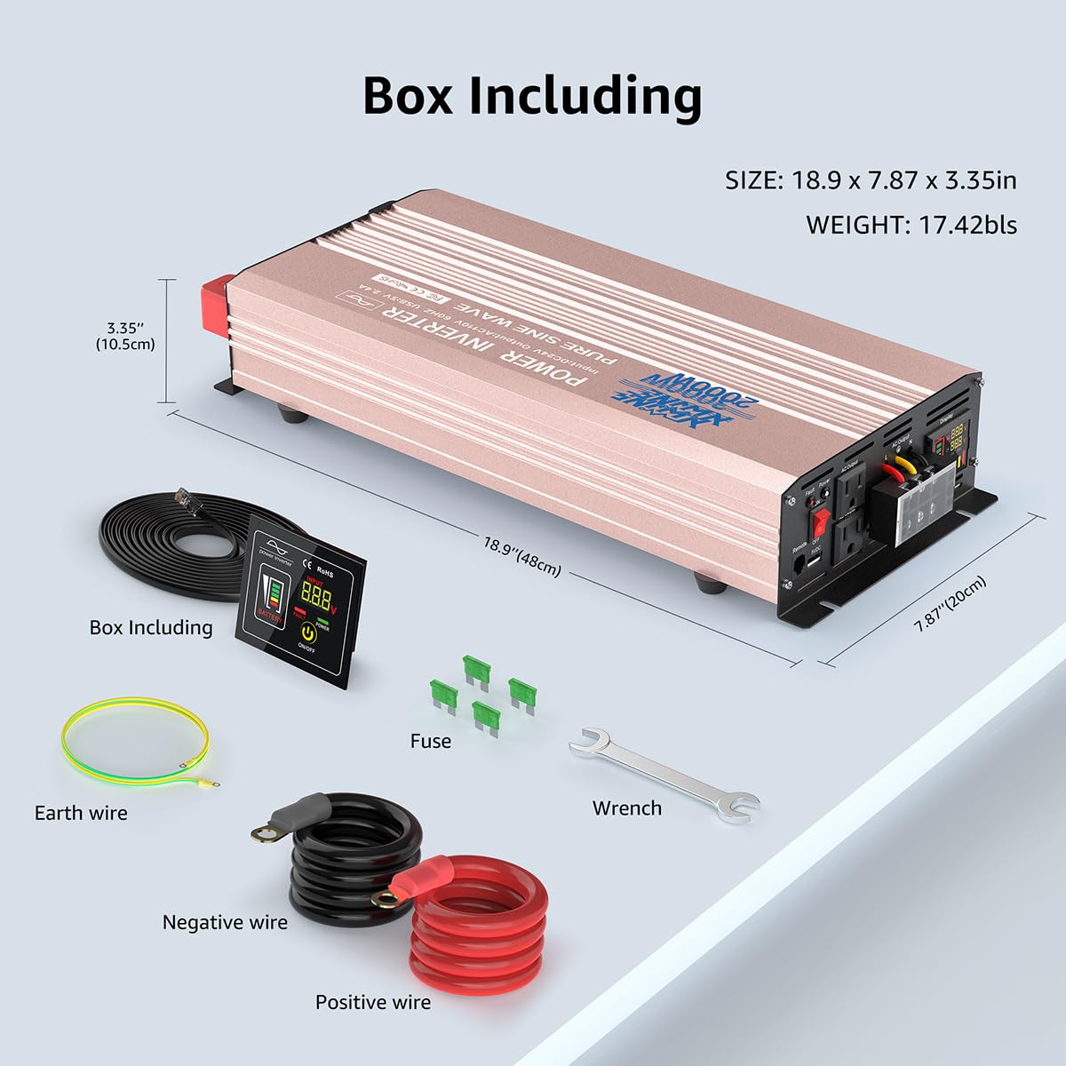 3000W Pure Sine Wave Power Inverter - 12V DC to 120V AC Converter with 6000W Peak, Remote Control, LED Display, 2 USB Ports & 3 AC Outlets - for RV, Solar System, Home Backup Power & Outdoor Use