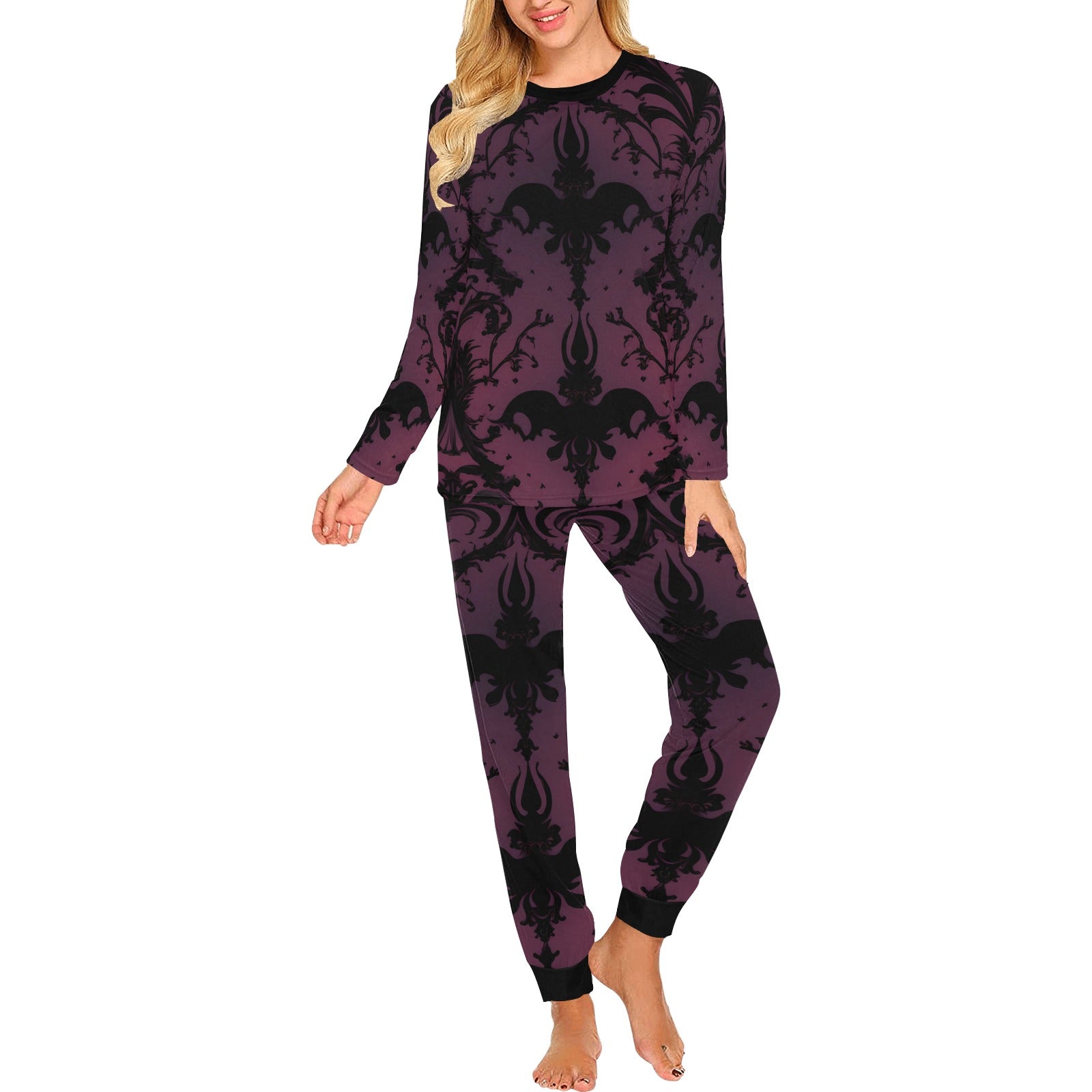 Gothic Purple and Black Pattern Pajama Set for Women - Soft Cotton Sleepwear for Halloween, Cosplay & Gothic Lovers - Perfect for Sleepovers, Themed Parties & Relaxing at Home