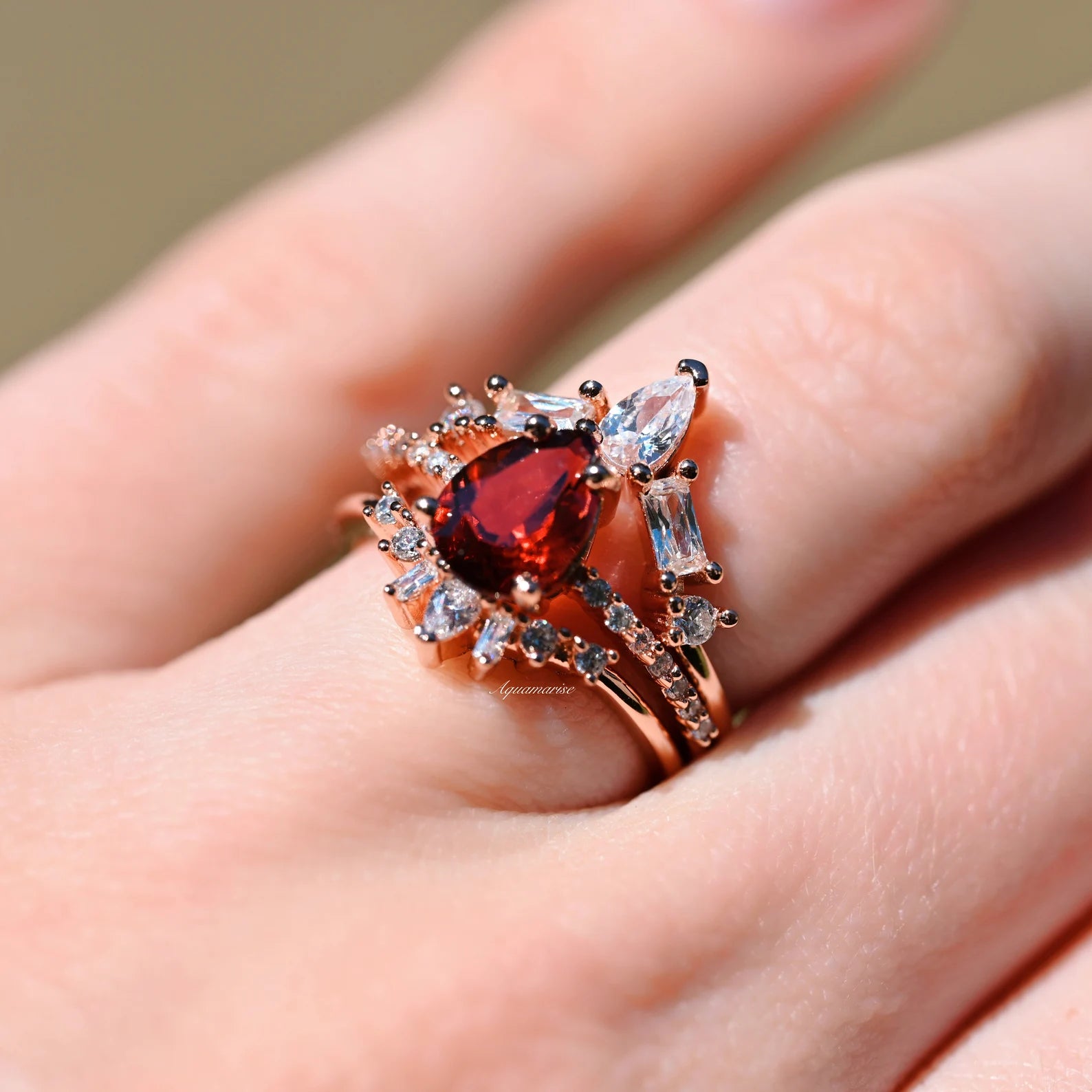 Natural Garnet 3-Piece Ring Set in 14K Rose Gold Vermeil - Perfect for Valentine's Day, Anniversary Gifts & Everyday Elegance