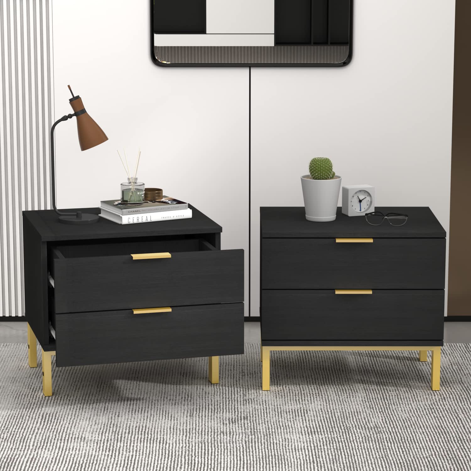 Hitow 2-Drawer Black Nightstand with Golden Metal Legs - Modern Bedside Table & End Table for Bedroom, Living Room - Compact Storage Solution (Set of 2, 19.7