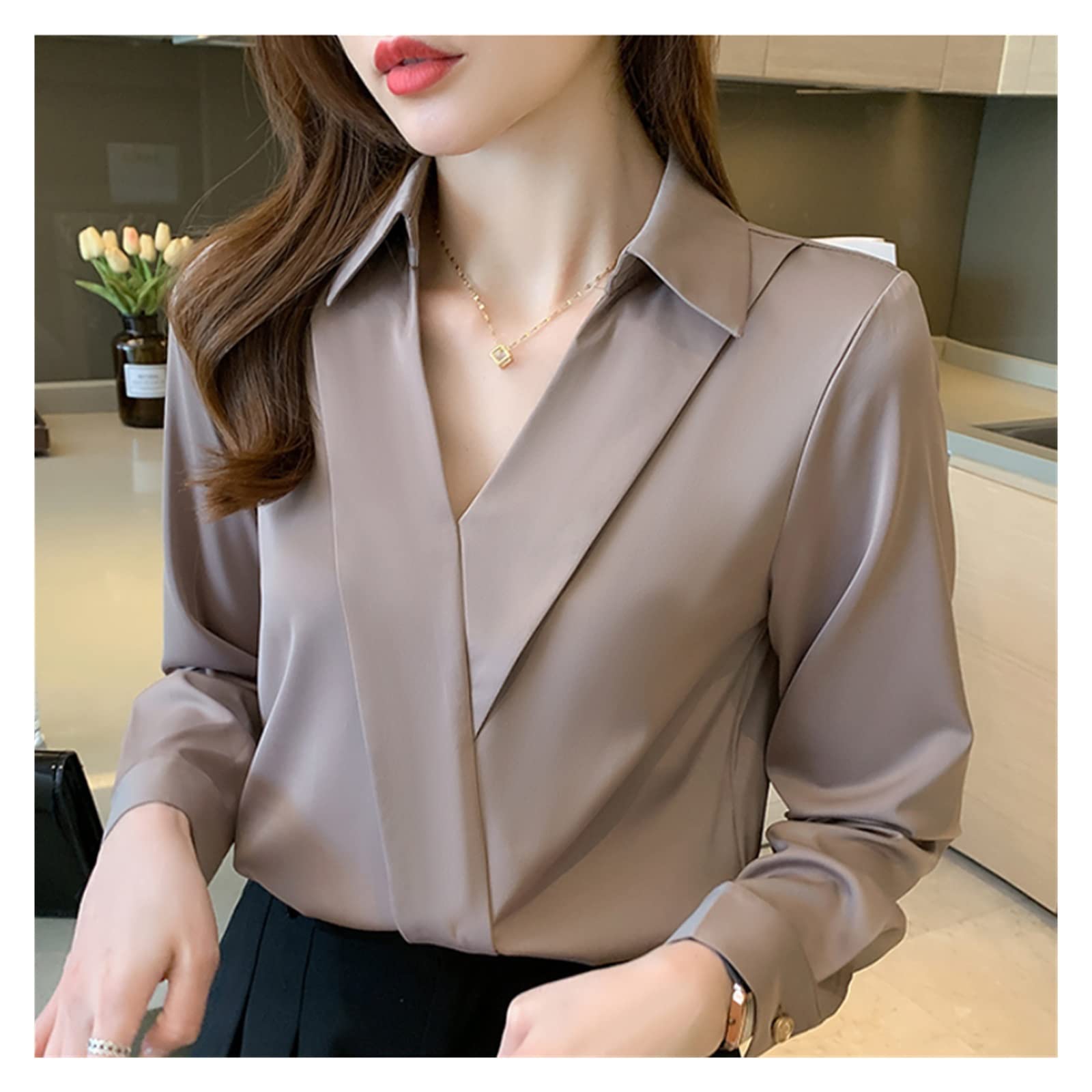 Elegant Women's Long Sleeve V-Neck Chiffon Blouse - Solid Brown XXL - Perfect for Fall Fashion, Office Wear & Casual Outfits