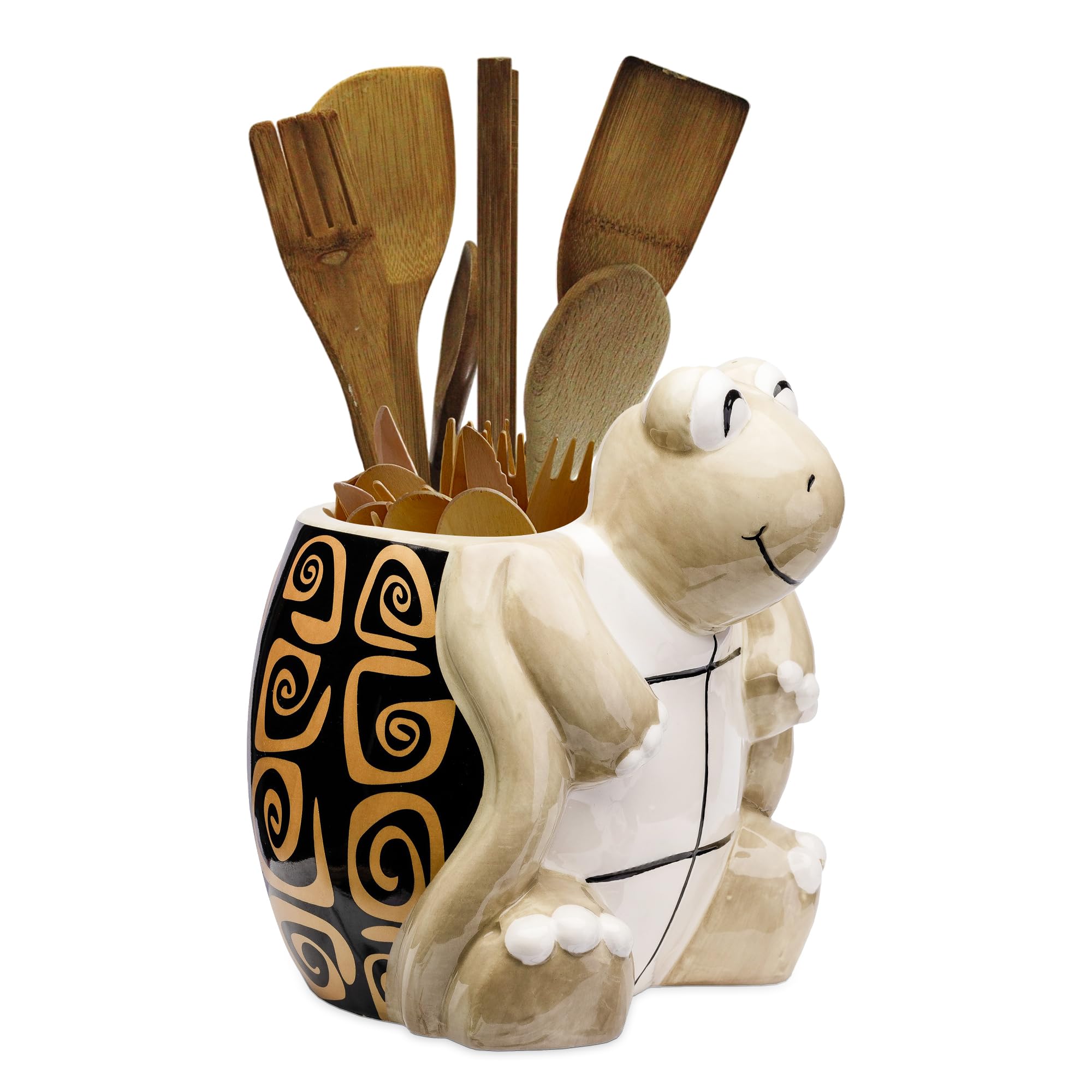 Sea Turtle Kitchen Utensil Holder - Tortoise-Themed Ceramic Storage Crock for Spoons & Forks - Cute Home Decor Gift for Beach House, Office or Holiday Party - Feng Shui Lucky Gold Spiral Design - Perfect for Coastal Decor, Housewarming Gifts & Themed Parties