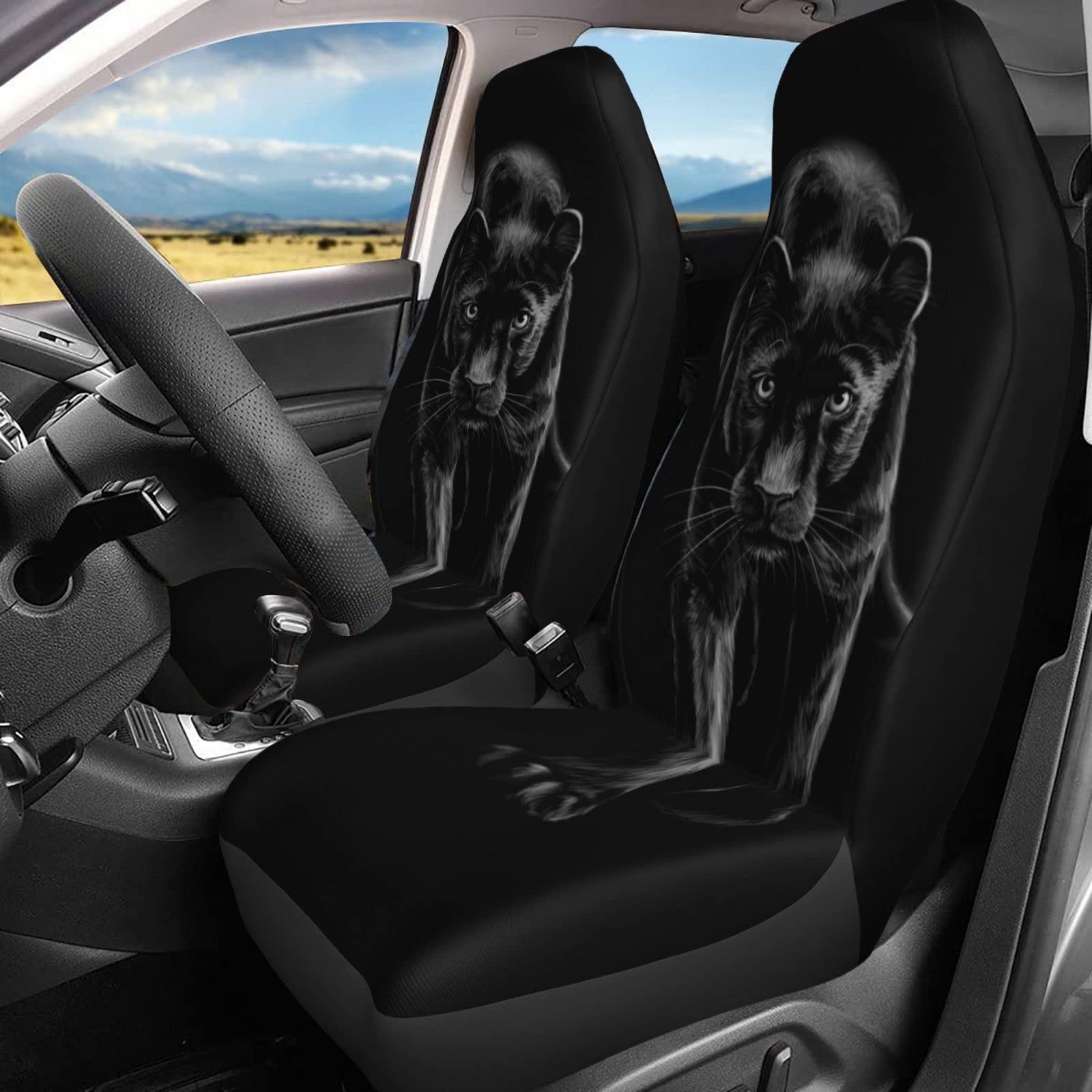 Premium Black Panther Print Car Seat Covers for Women & Girls - 2-Piece Universal Fit Front Seat Protectors for Sedan, SUV, Truck - Soft & Durable Auto Accessories for Daily Commute, Road Trips & Style Upgrade