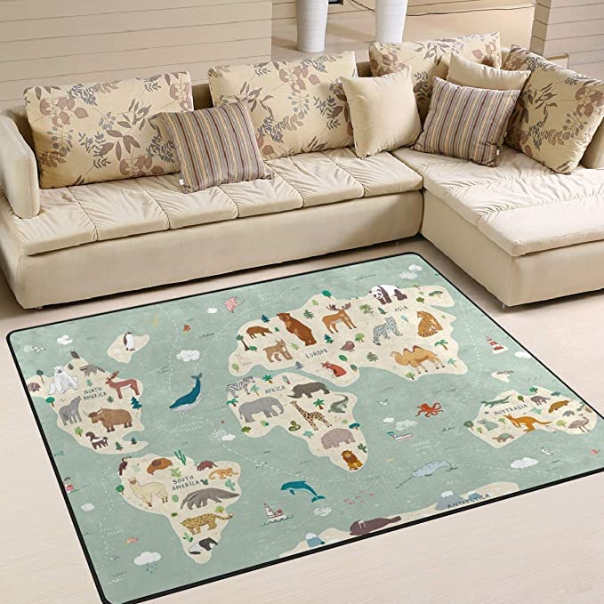 Vantaso Soft Foam Nursery Rug - World Map with Animals Design, Non-Slip Play Mat for Kids (72