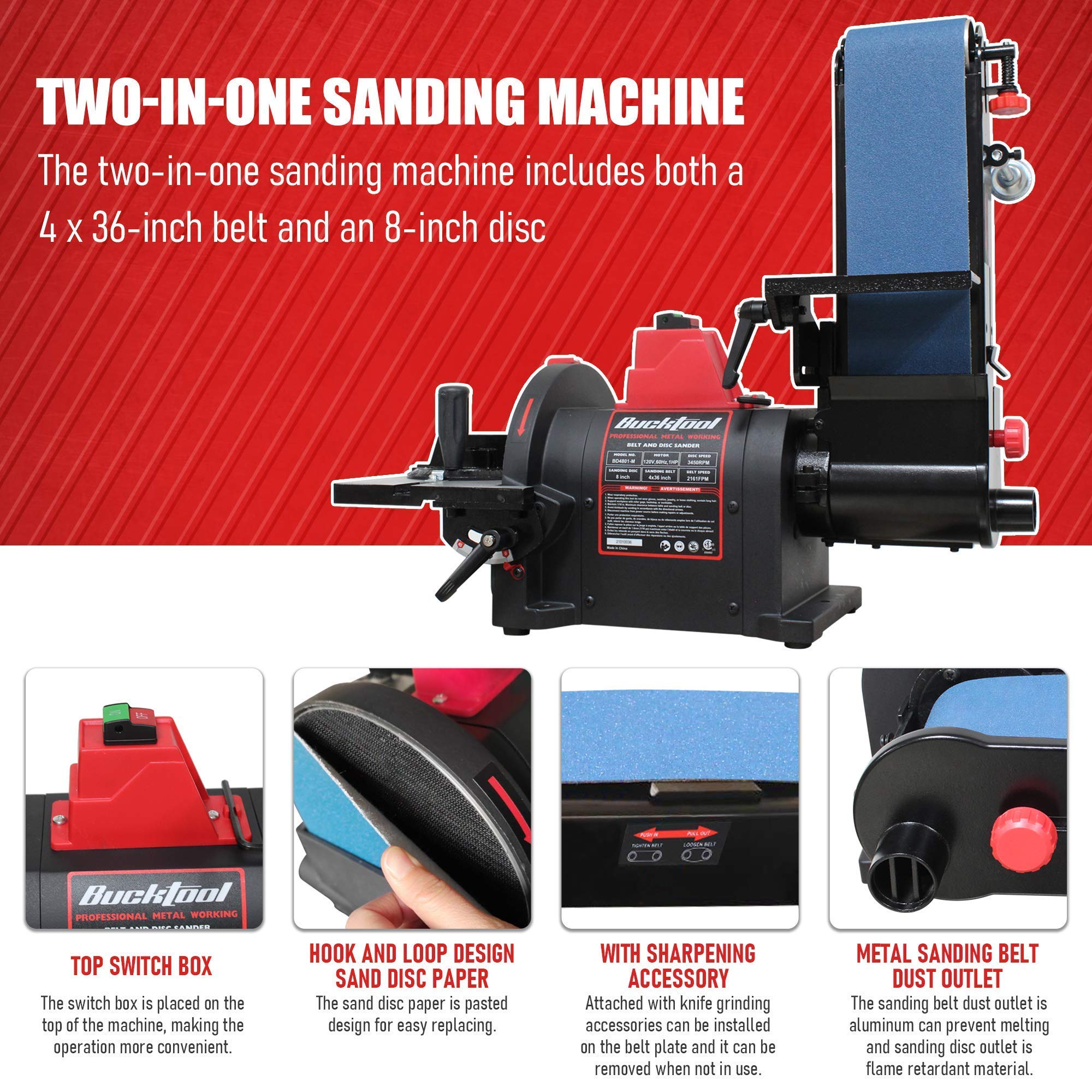 BUCKTOOL Pro 1HP Benchtop Belt & Disc Sander - 4x36 Inch Belt & 8 Inch Disc Combo with Direct-Drive Motor for Metalworking, Woodworking & DIY Projects | Heavy-Duty BD4801-M Sander for Sharpening, Sanding & Polishing in Workshops & Garages