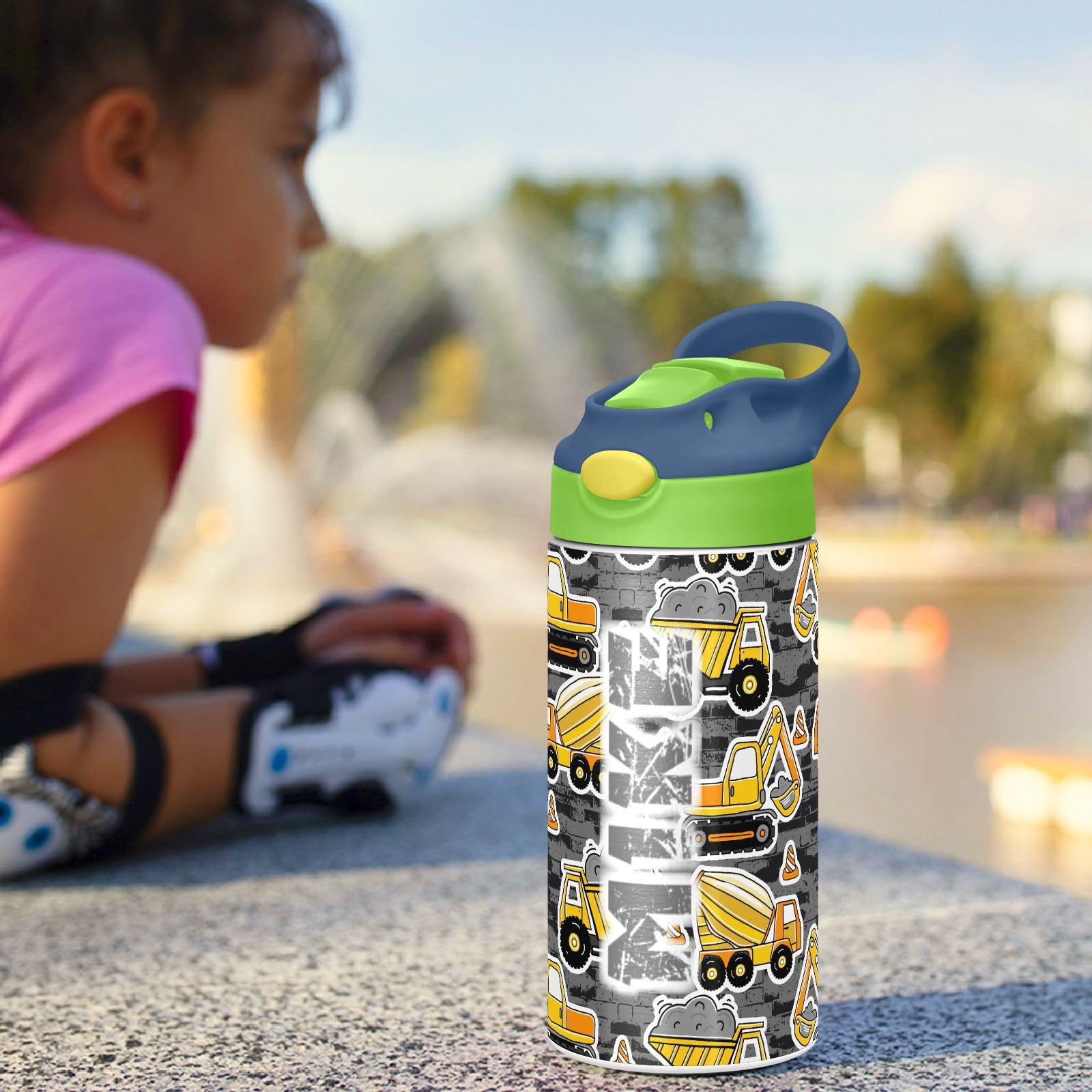 Custom Insulated Stainless Steel Water Bottle with Straw - Personalized Construction Machines Design - Vacuum Insulated Travel & Office Water Bottle for Construction Workers, Outdoor Enthusiasts & Professionals