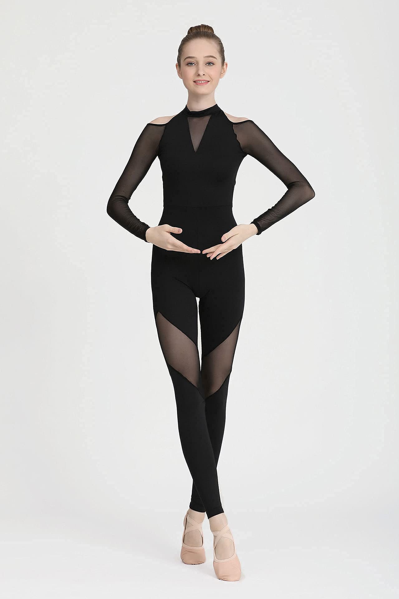 Women's Long Sleeve Dance Unitard with Soft Mesh Panel - Stretchy & Comfortable Leotard for Ballet, Yoga, Gymnastics & Performance Wear