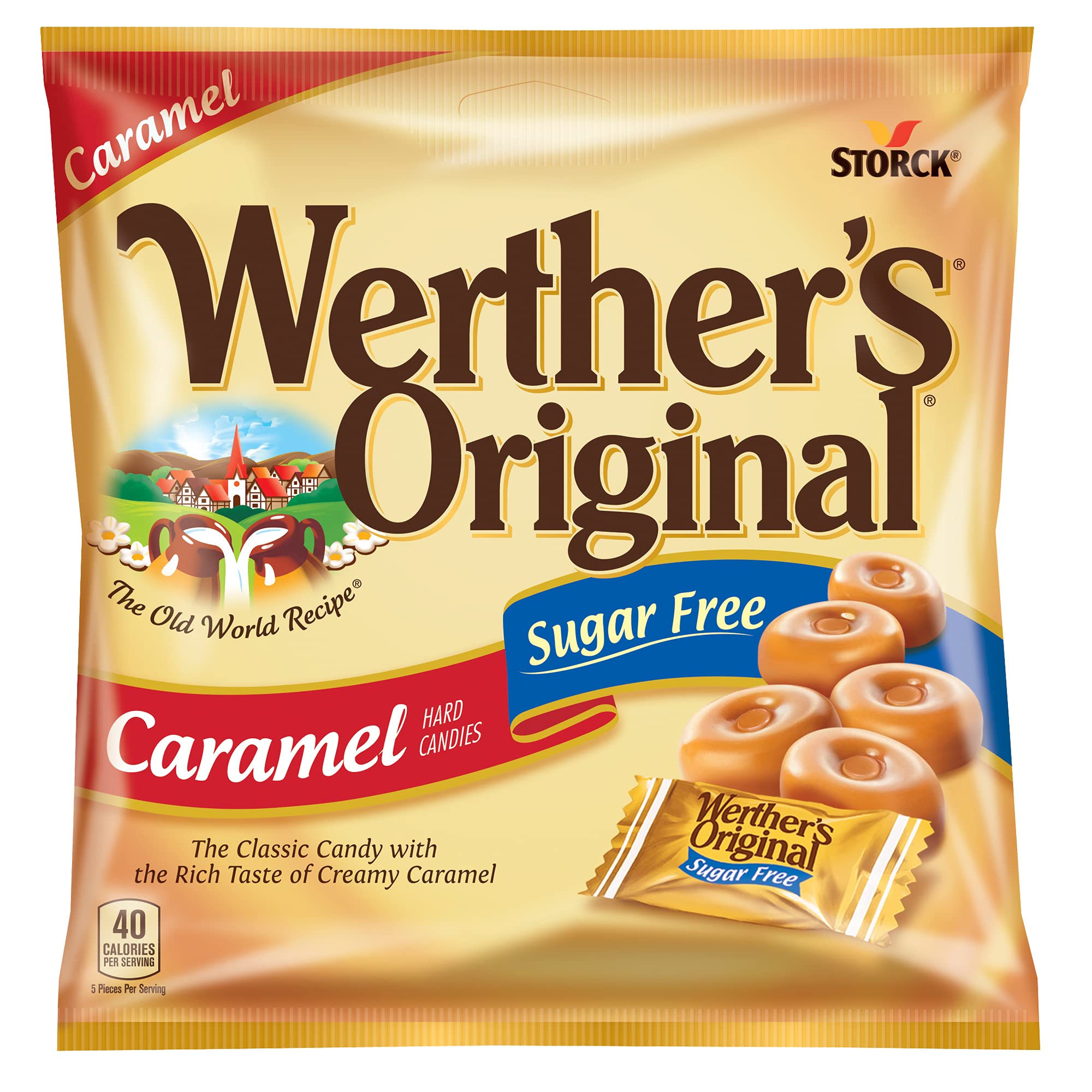 Werther's Original Sugar Free Hard Caramel Candy - 2.75 Oz Bags (Pack of 12) | Low Calorie Keto-Friendly Treat for Office, Travel & Gift Giving