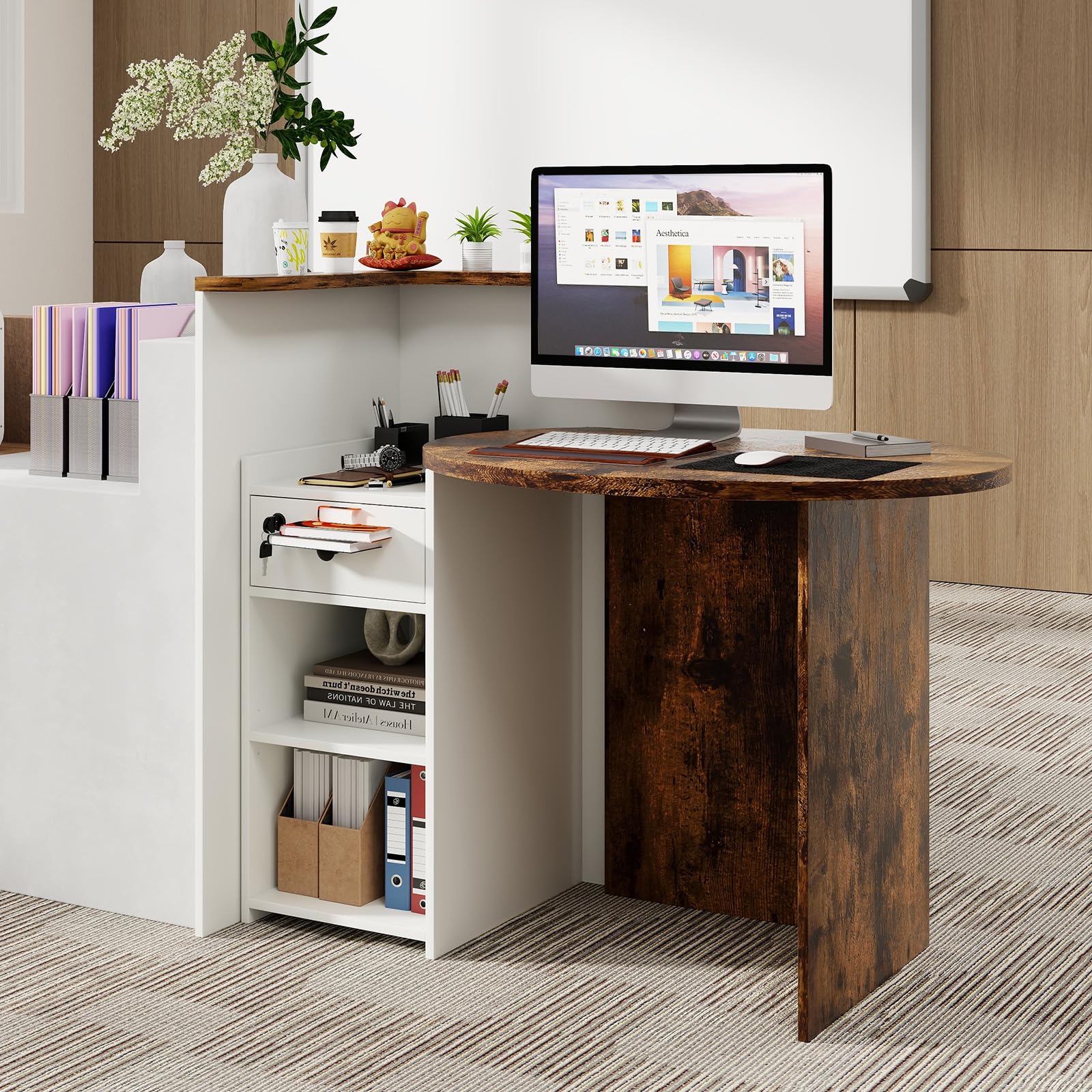 Modern Reception Desk with Lockable Drawer & Open Shelves - Wooden L-Shaped Front Counter for Office, Retail Store, Salon & Lobby - Oval Desktop Design in Brown & White - Perfect for Customer Service Areas, Checkout Counters & Professional Workspaces